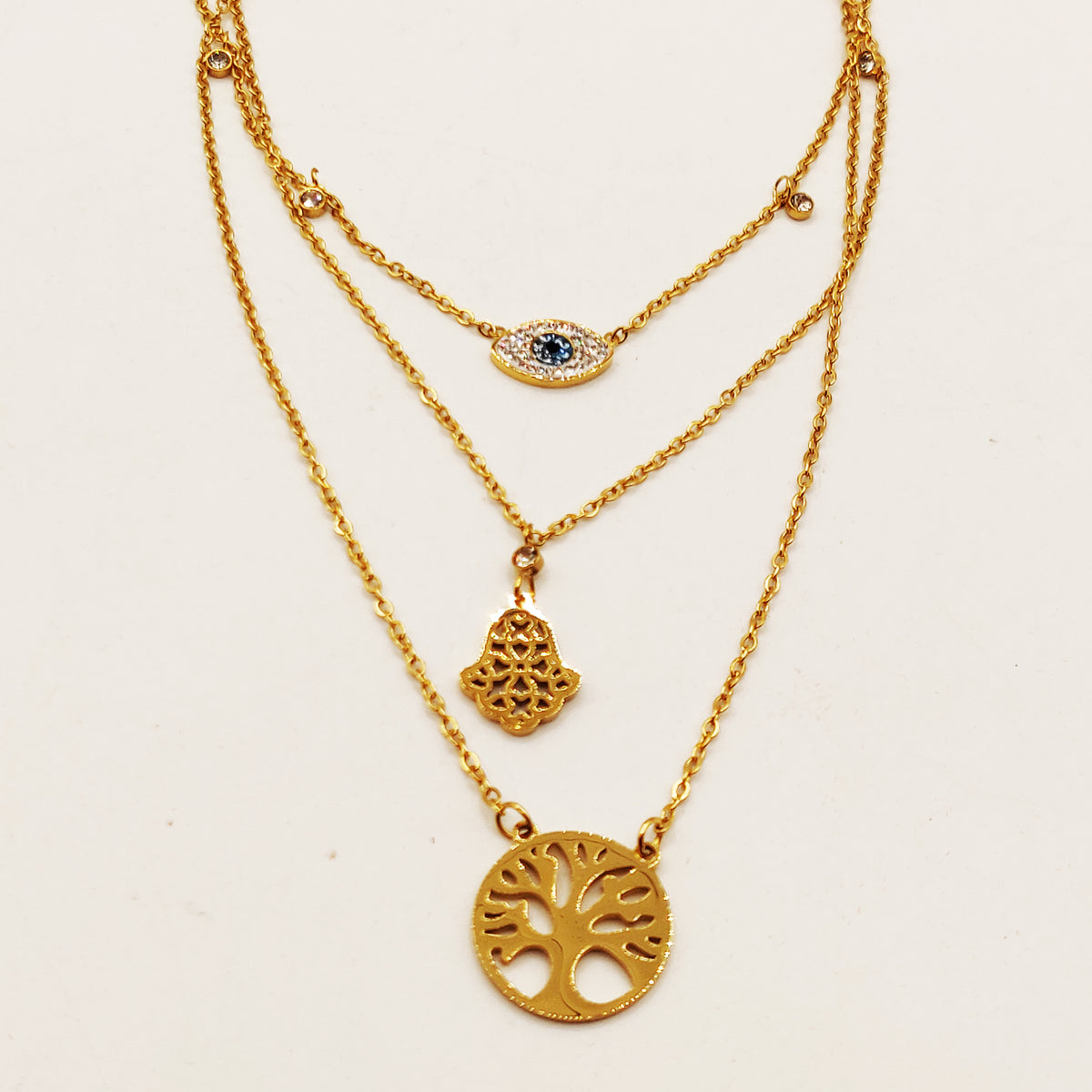 Collier Triple Eden, Main de Fatma et Oeil Luxe