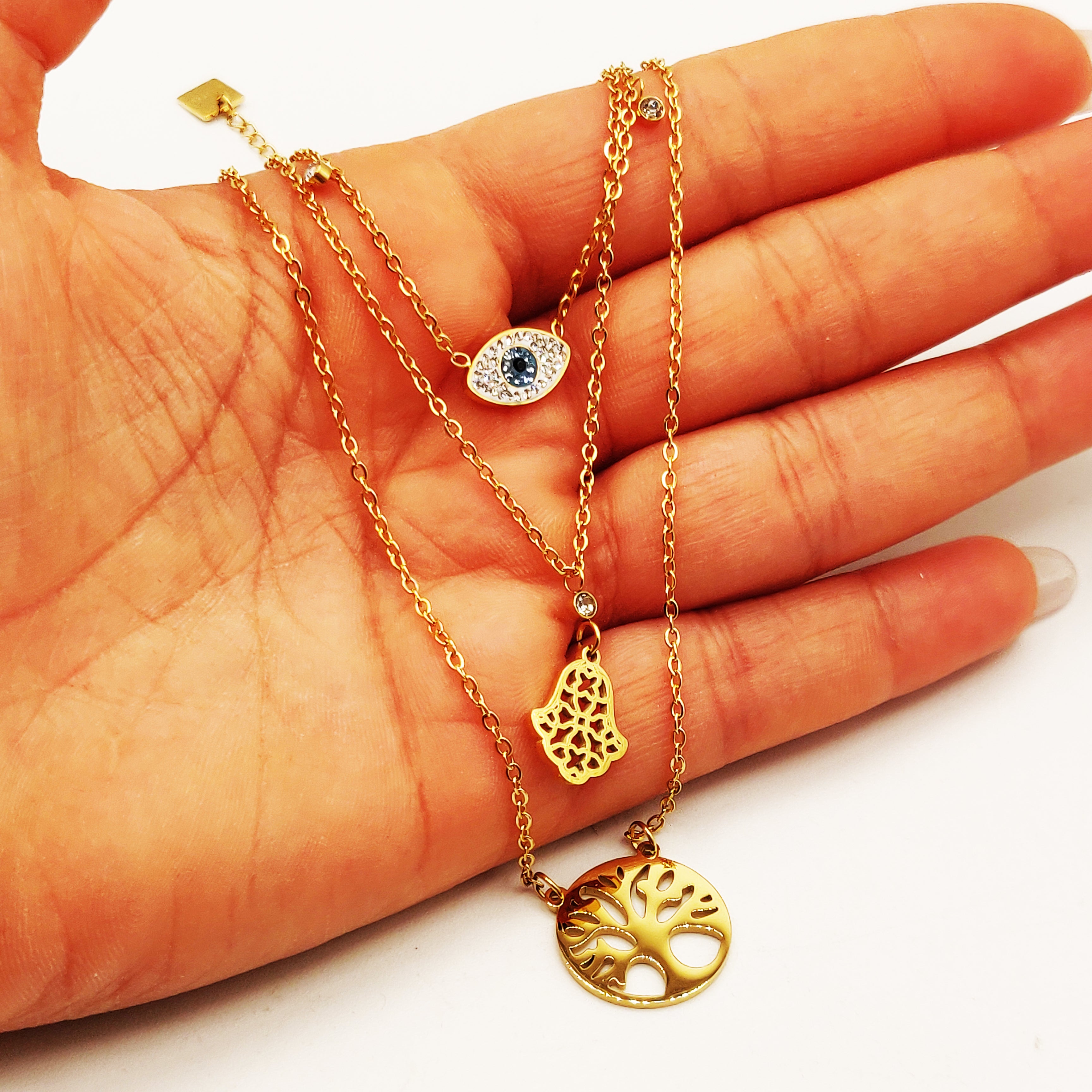 Collier Triple Eden, Main de Fatma et Oeil Luxe