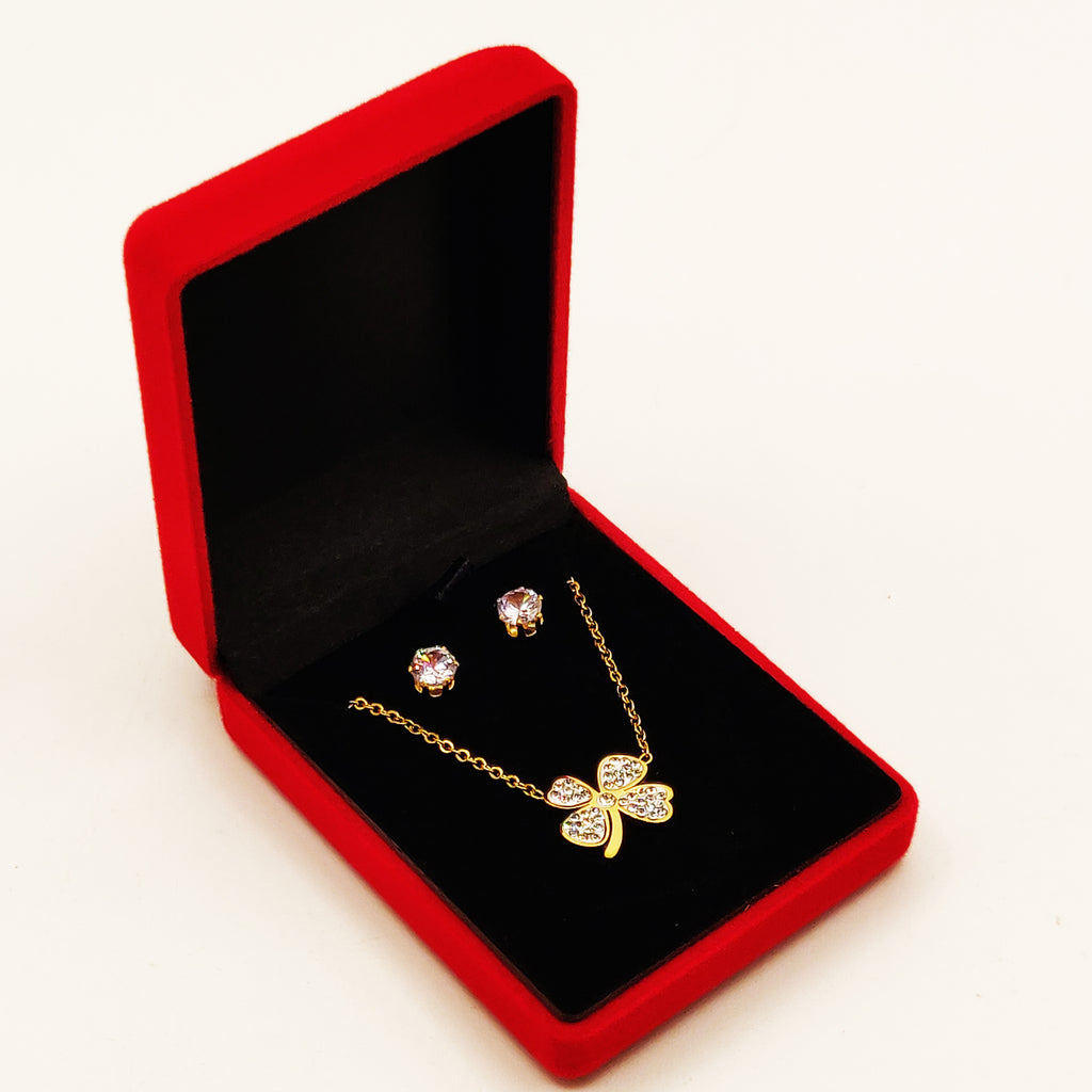 Coffret Collier et Boucles d'oreilles Trèfle à 4 Feuilles Cristaux