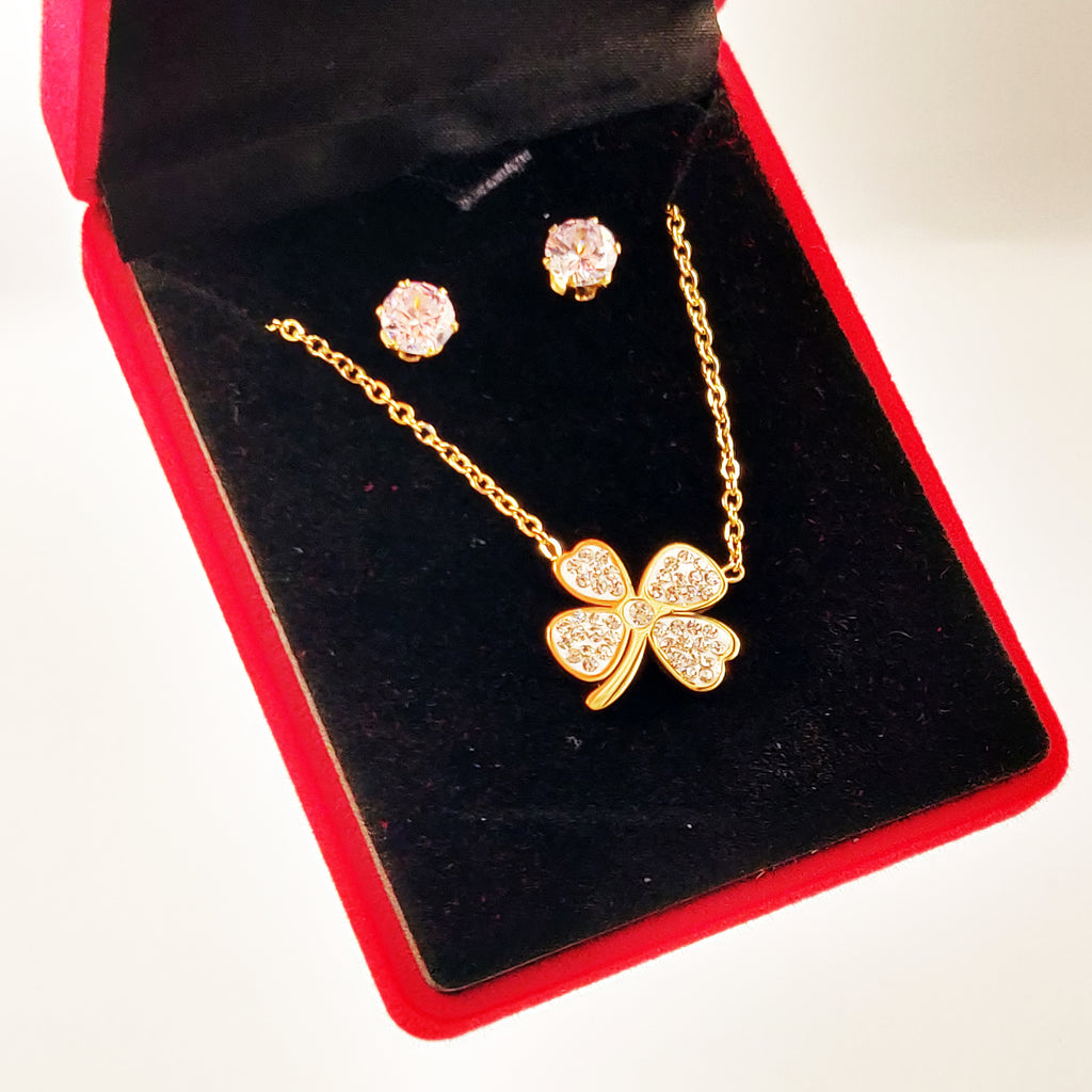 Coffret Collier et Boucles d'oreilles Trèfle à 4 Feuilles Cristaux