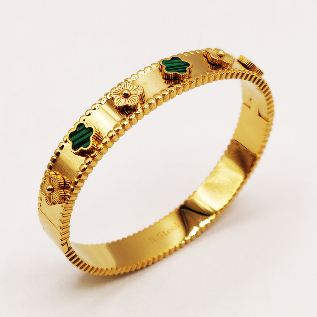 Bracelet Rigide Marguerites Vertes et Dorées Luxe