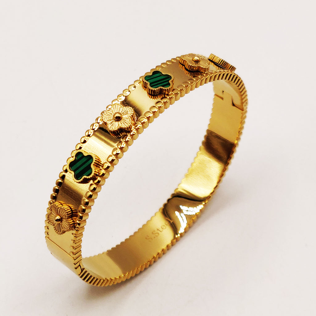 Bracelet Rigide Marguerites Vertes et Dorées Luxe