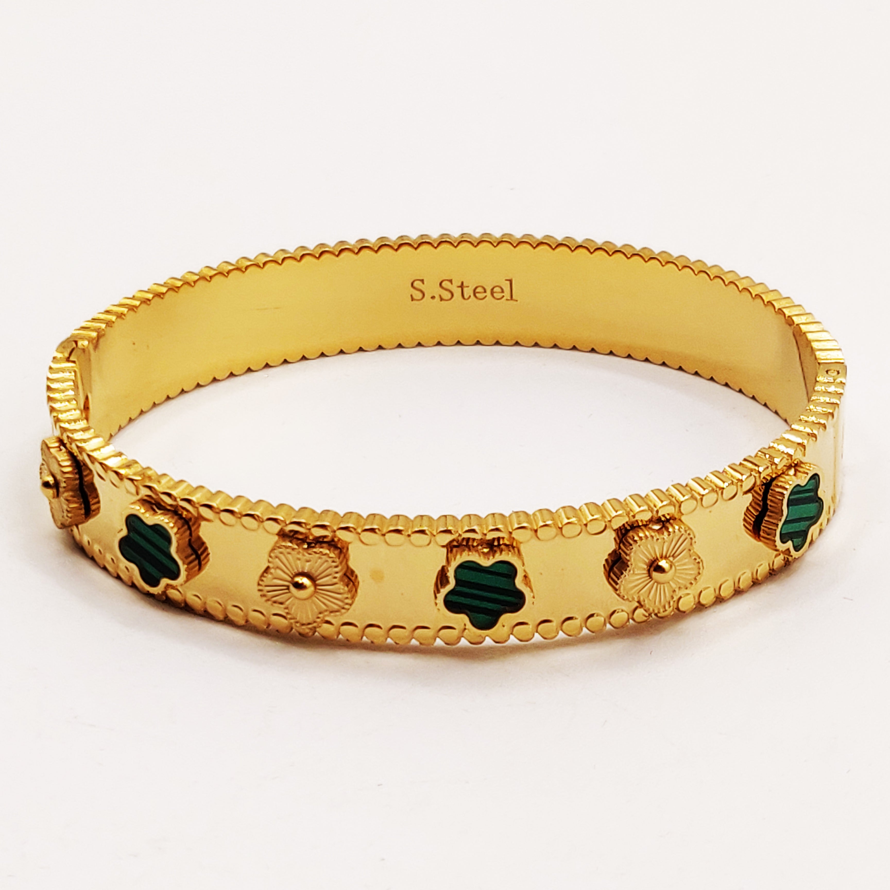 Bracelet Rigide Marguerites Vertes et Dorées Luxe