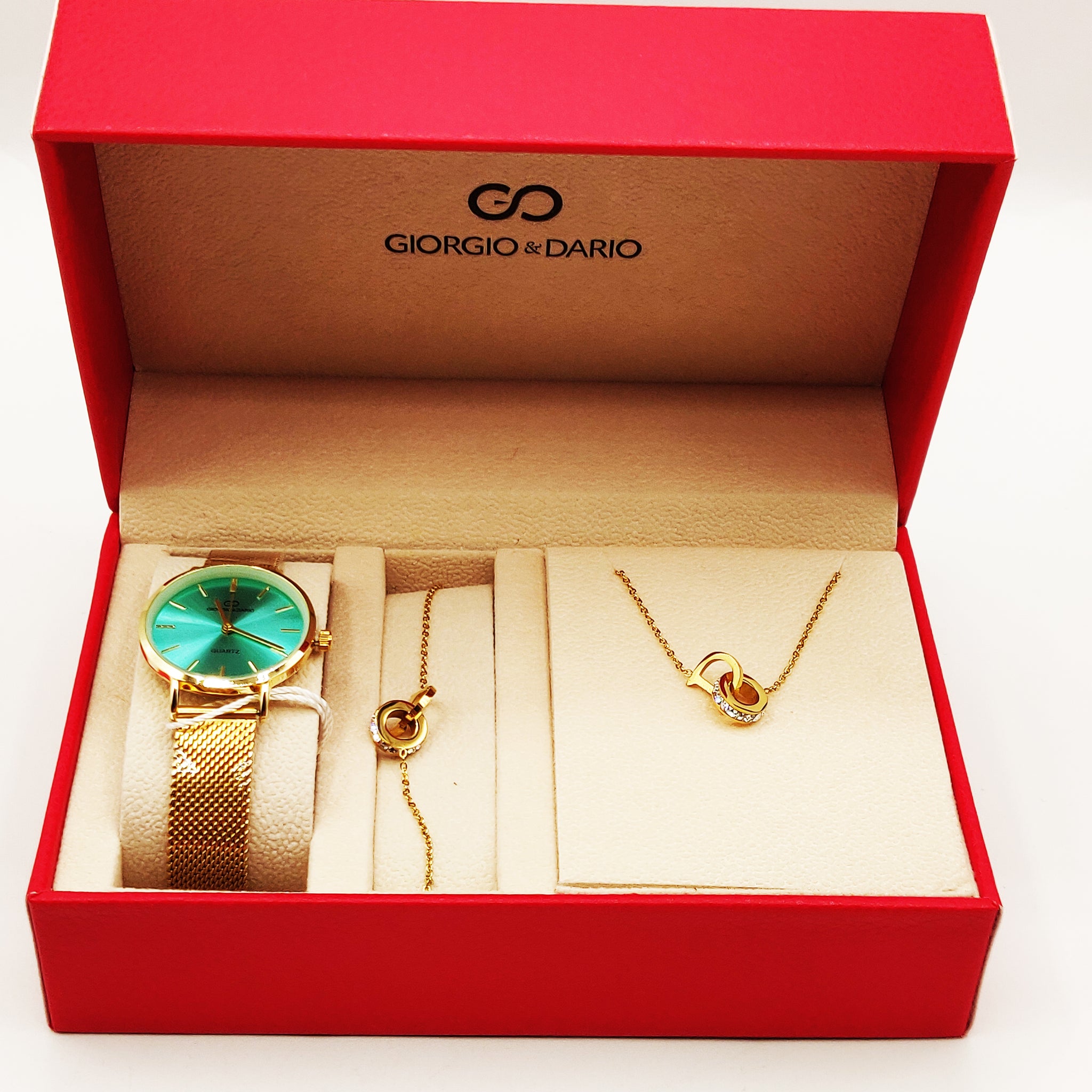 Coffret Montre Giorgio & Dario EU5604 Fond Bleu-Vert avec Collier et Bracelet D Luxe