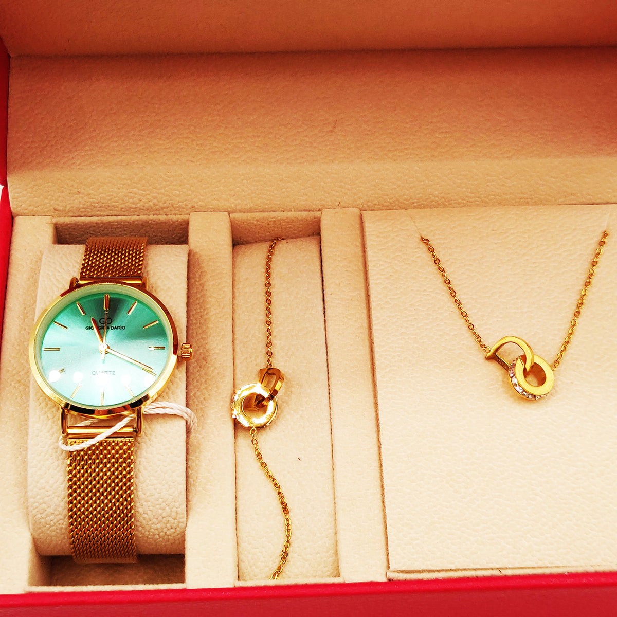 Coffret Montre Giorgio & Dario EU5604 Fond Bleu-Vert avec Collier et Bracelet D Luxe