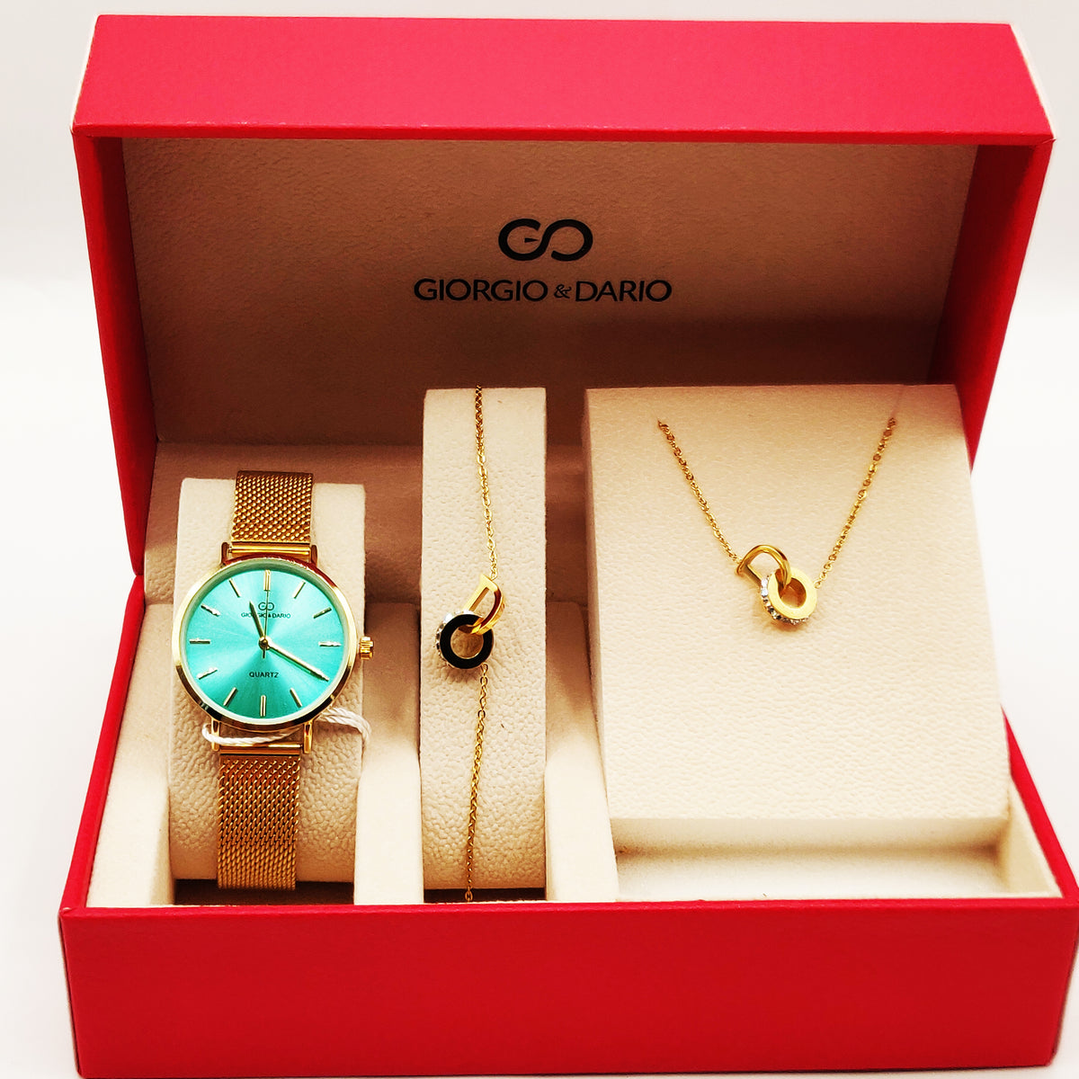 Coffret Montre Giorgio & Dario EU5604 Fond Bleu-Vert avec Collier et Bracelet D Luxe