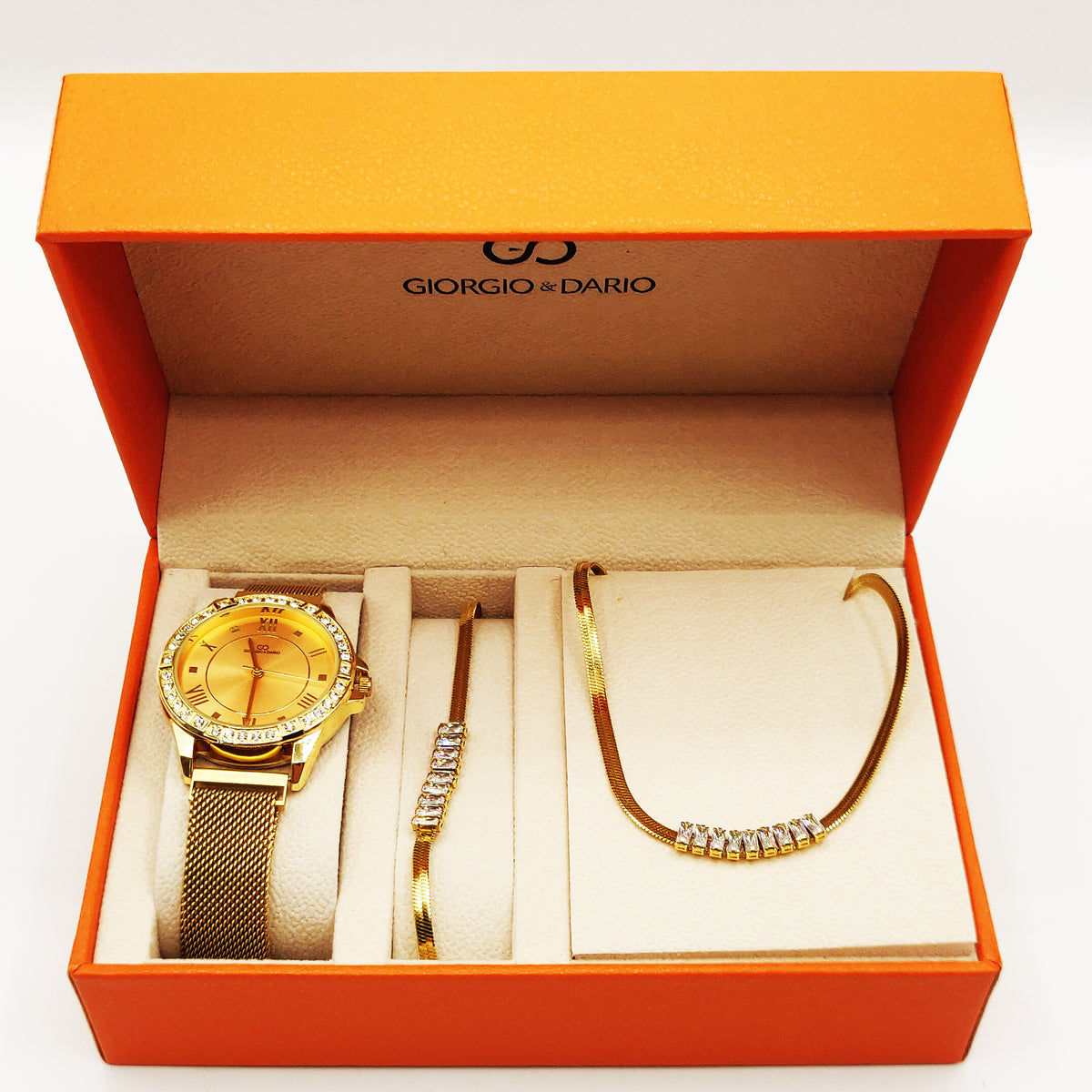Coffret Montre Giorgio & Dario EU6384 Fond Doré avec Collier et Bracelet Multi Cristaux Rectangulaires