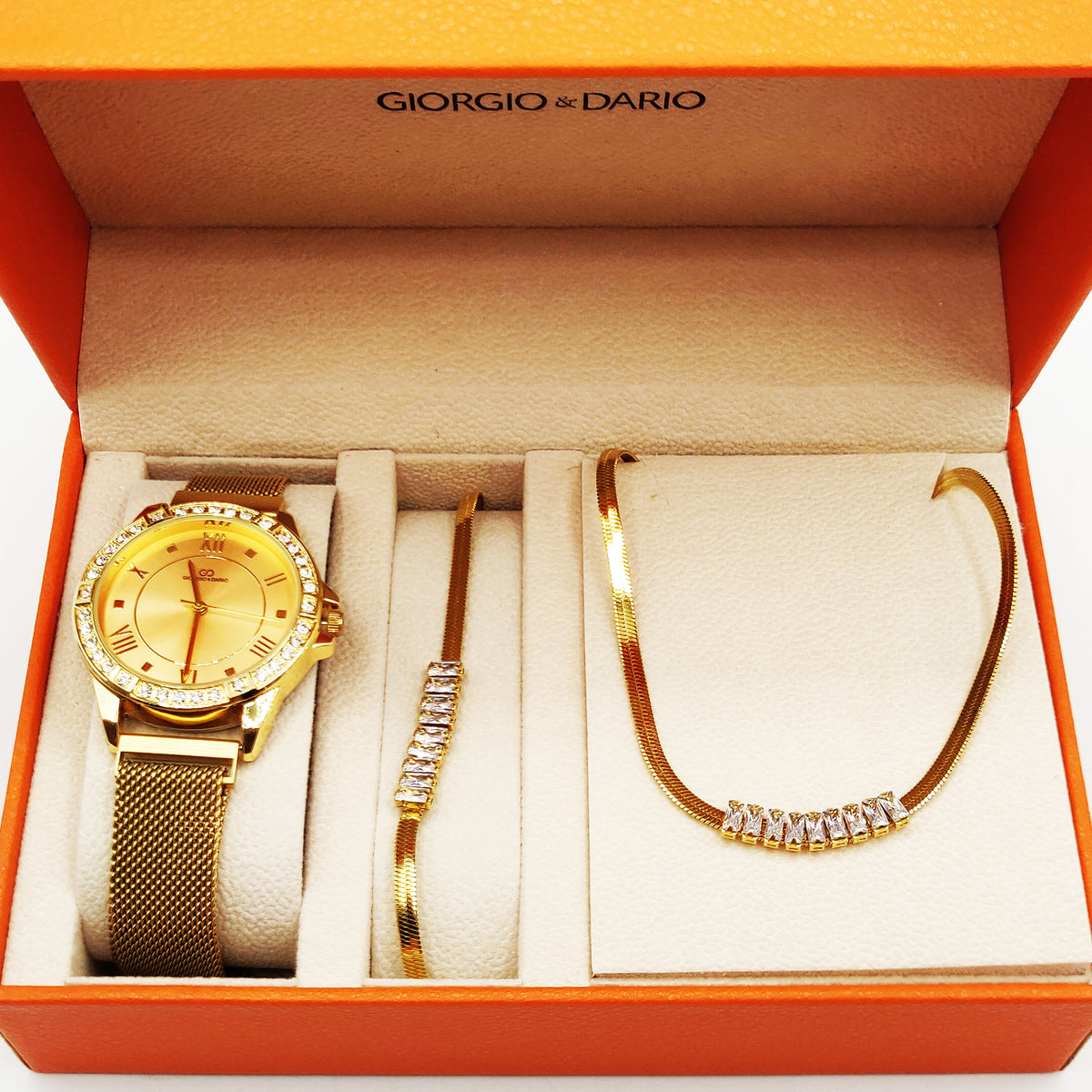 Coffret Montre Giorgio & Dario EU6384 Fond Doré avec Collier et Bracelet Multi Cristaux Rectangulaires