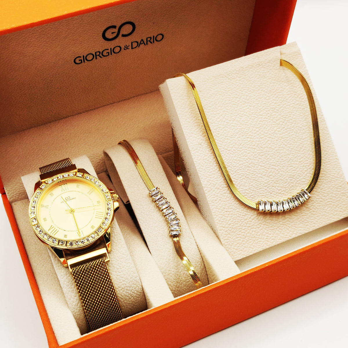 Coffret Montre Giorgio & Dario EU6384 Fond Doré avec Collier et Bracelet Multi Cristaux Rectangulaires