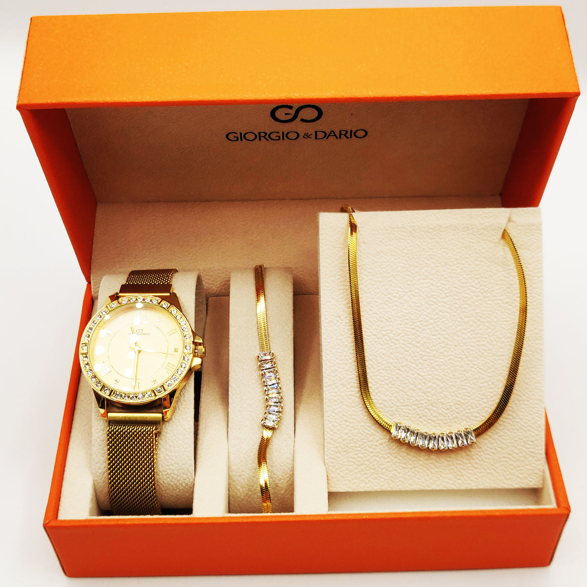 Coffret Montre Giorgio & Dario EU6384 Fond Doré avec Collier et Bracelet Multi Cristaux Rectangulaires