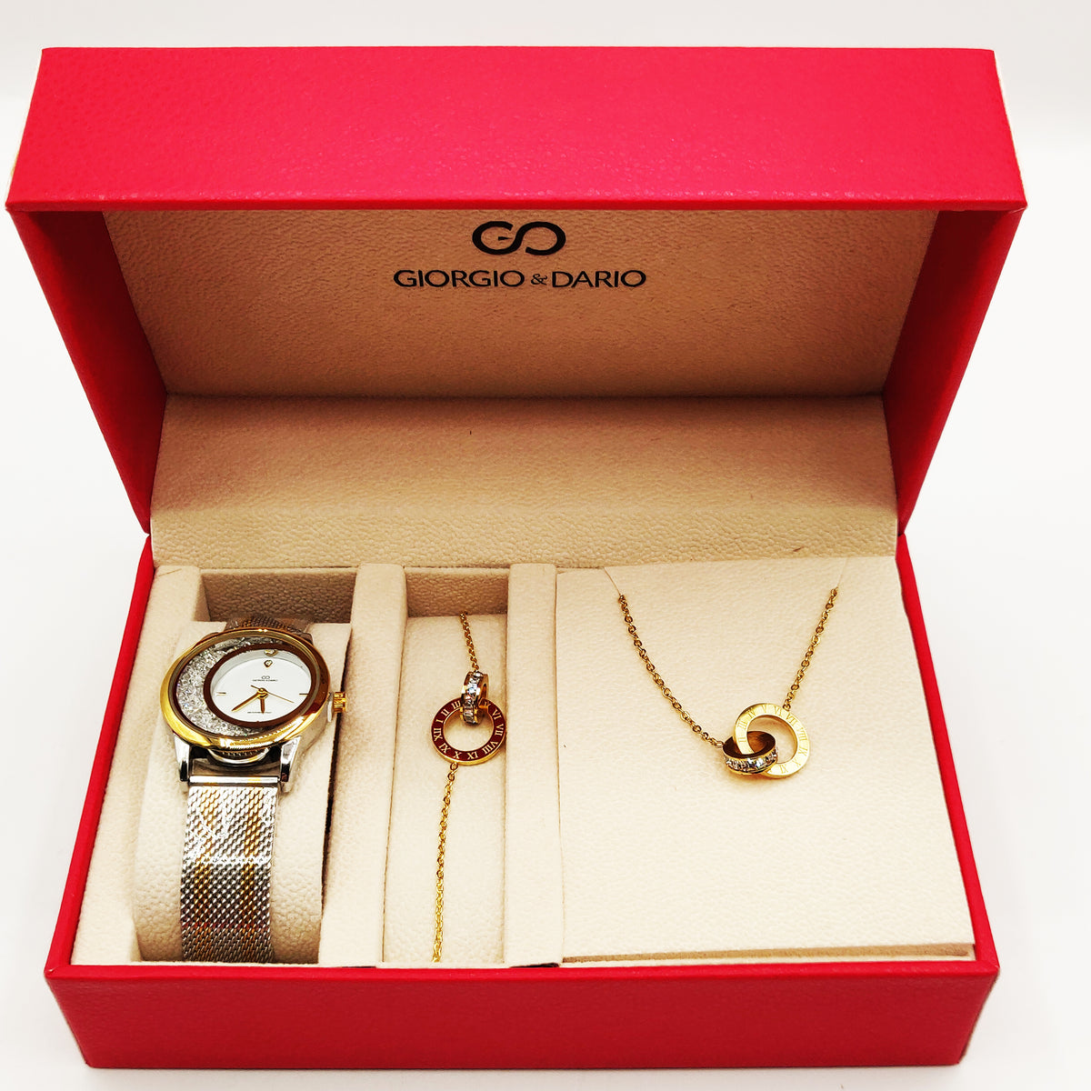 Coffret Montre Giorgio & Dario EU5669 Fond Blanc avec Collier et Bracelet Romain Cercle