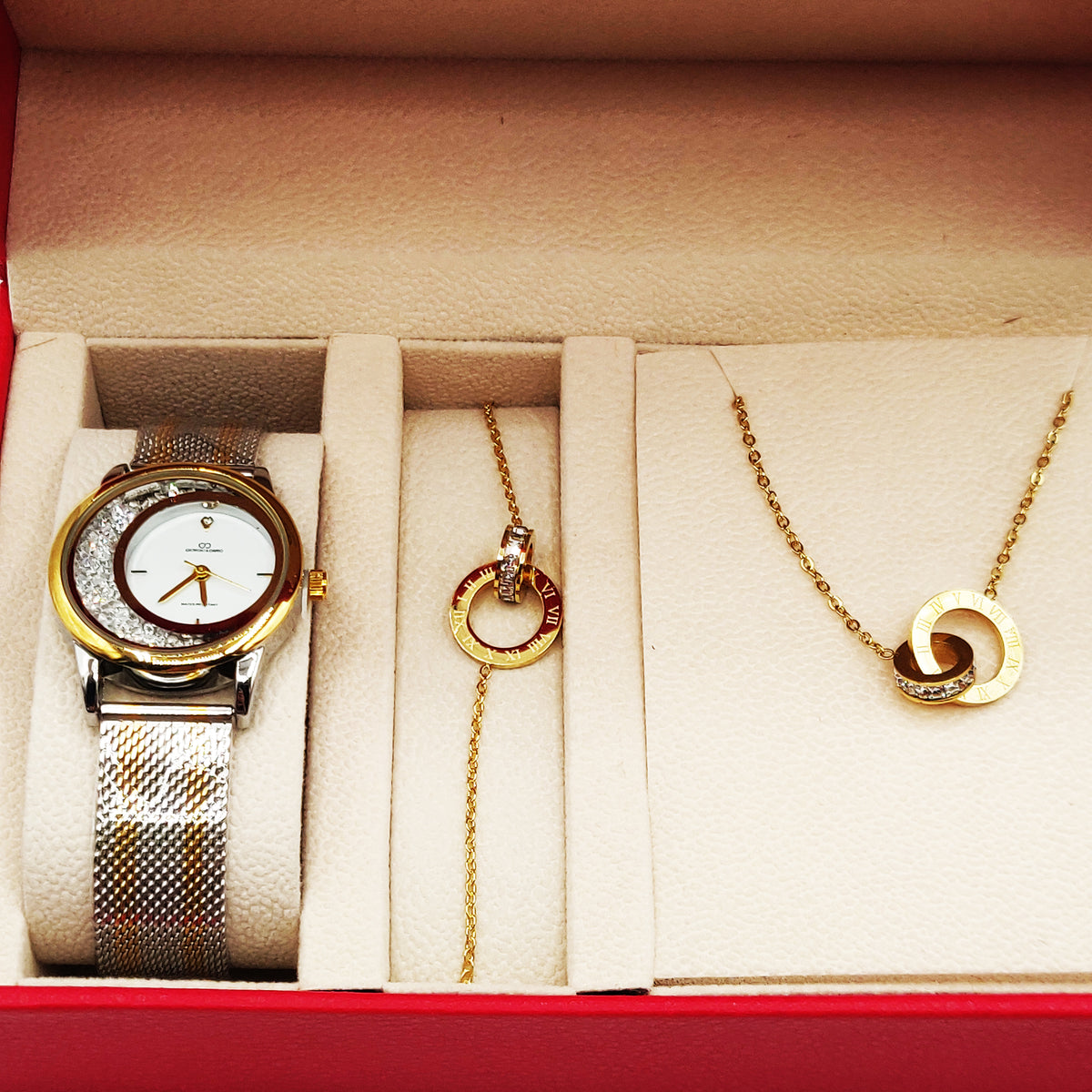 Coffret Montre Giorgio & Dario EU5669 Fond Blanc avec Collier et Bracelet Romain Cercle