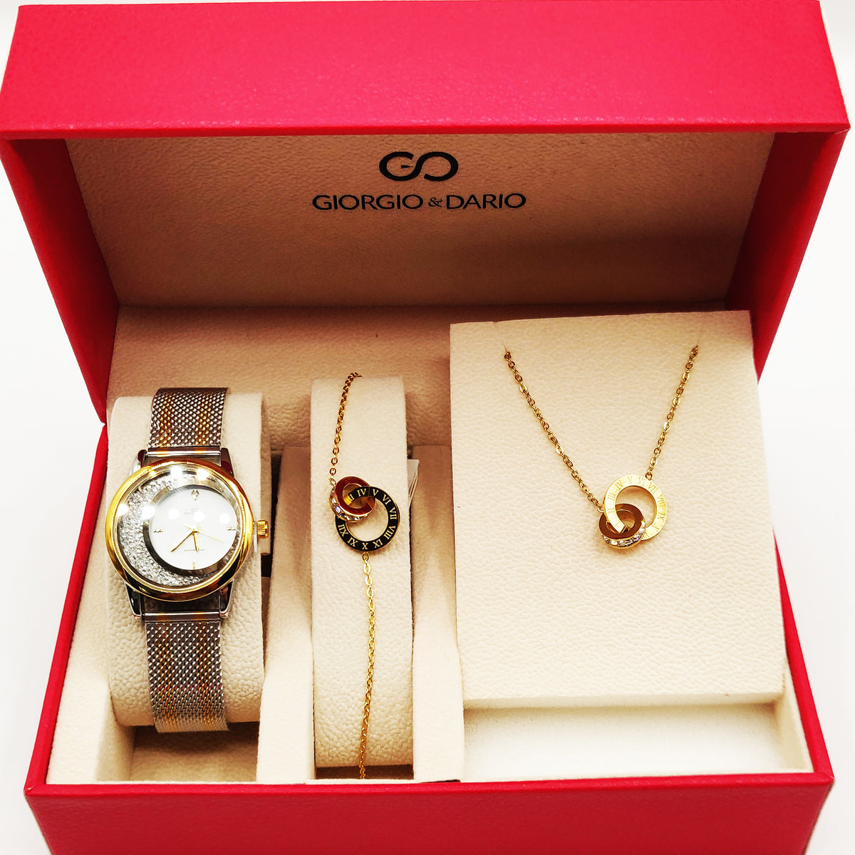Coffret Montre Giorgio & Dario EU5669 Fond Blanc avec Collier et Bracelet Romain Cercle