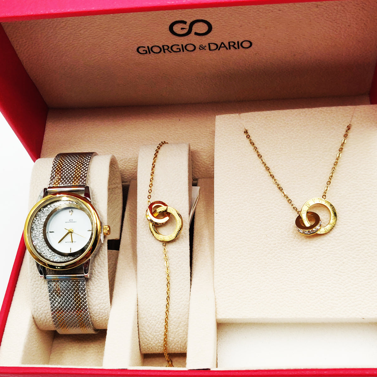 Coffret Montre Giorgio & Dario EU5669 Fond Blanc avec Collier et Bracelet Romain Cercle