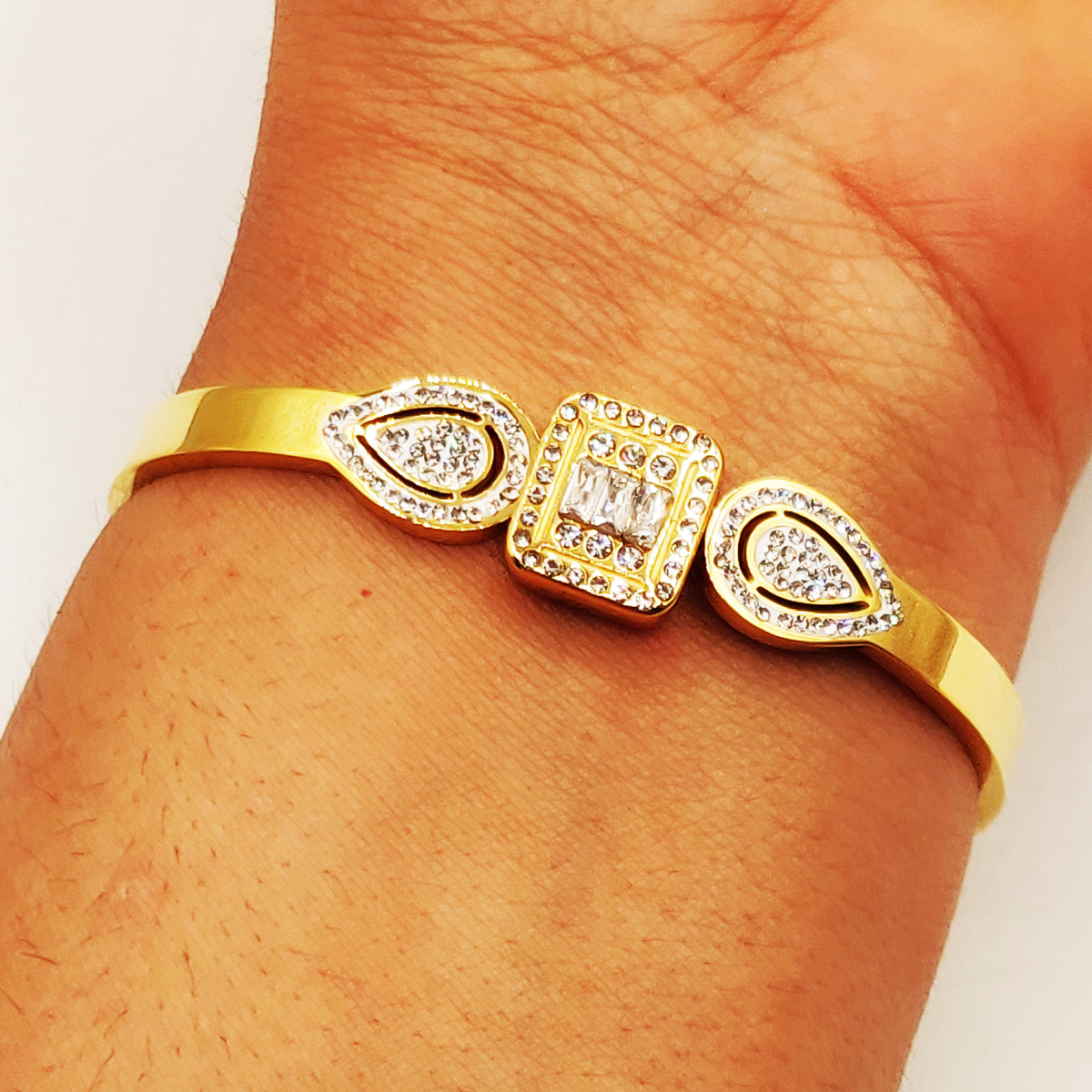 Bracelet Rigide Double Gouttes et Cristal Carré Luxe