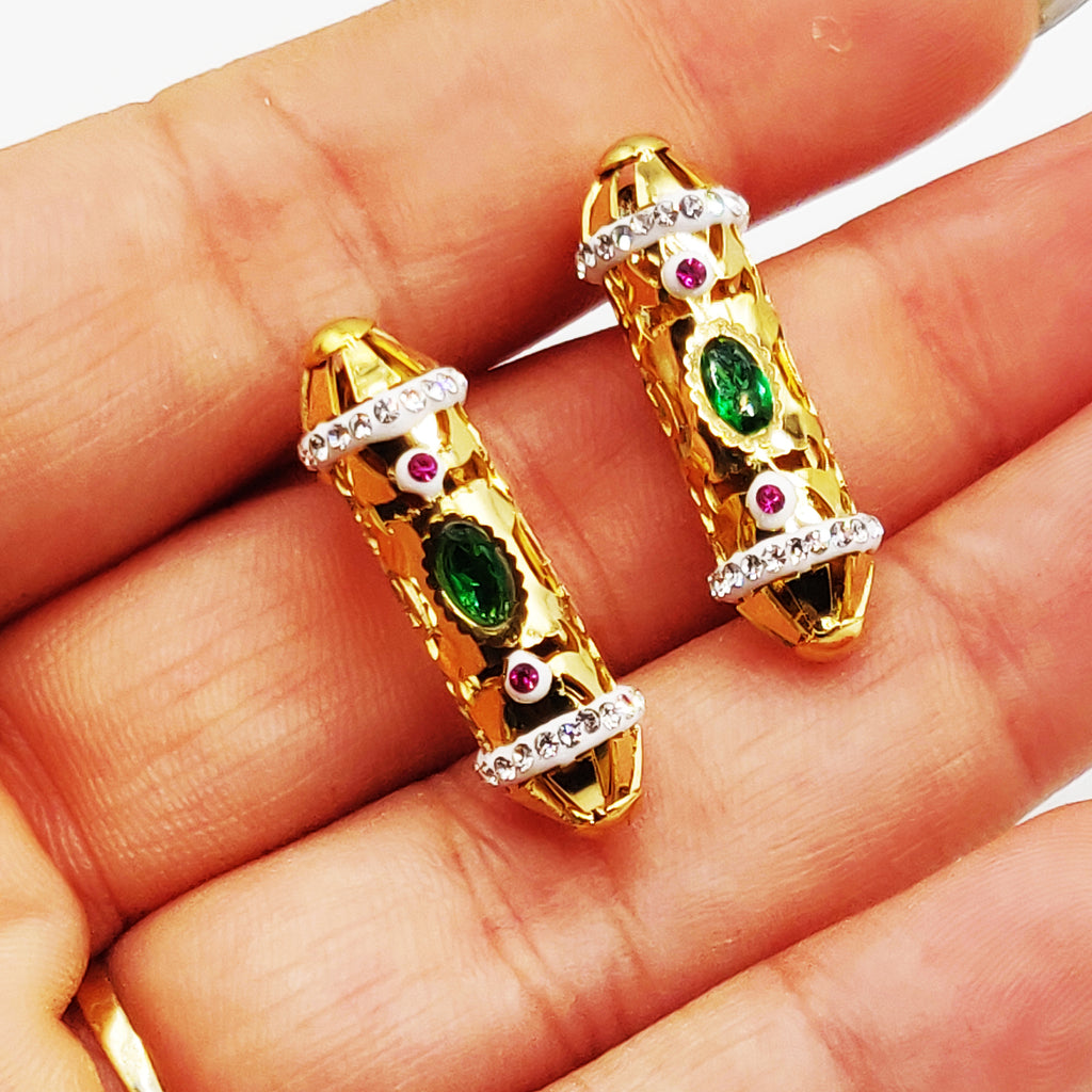 Boucles d'oreilles Pendentif Oriental Cristaux Verts et Rouges Luxe