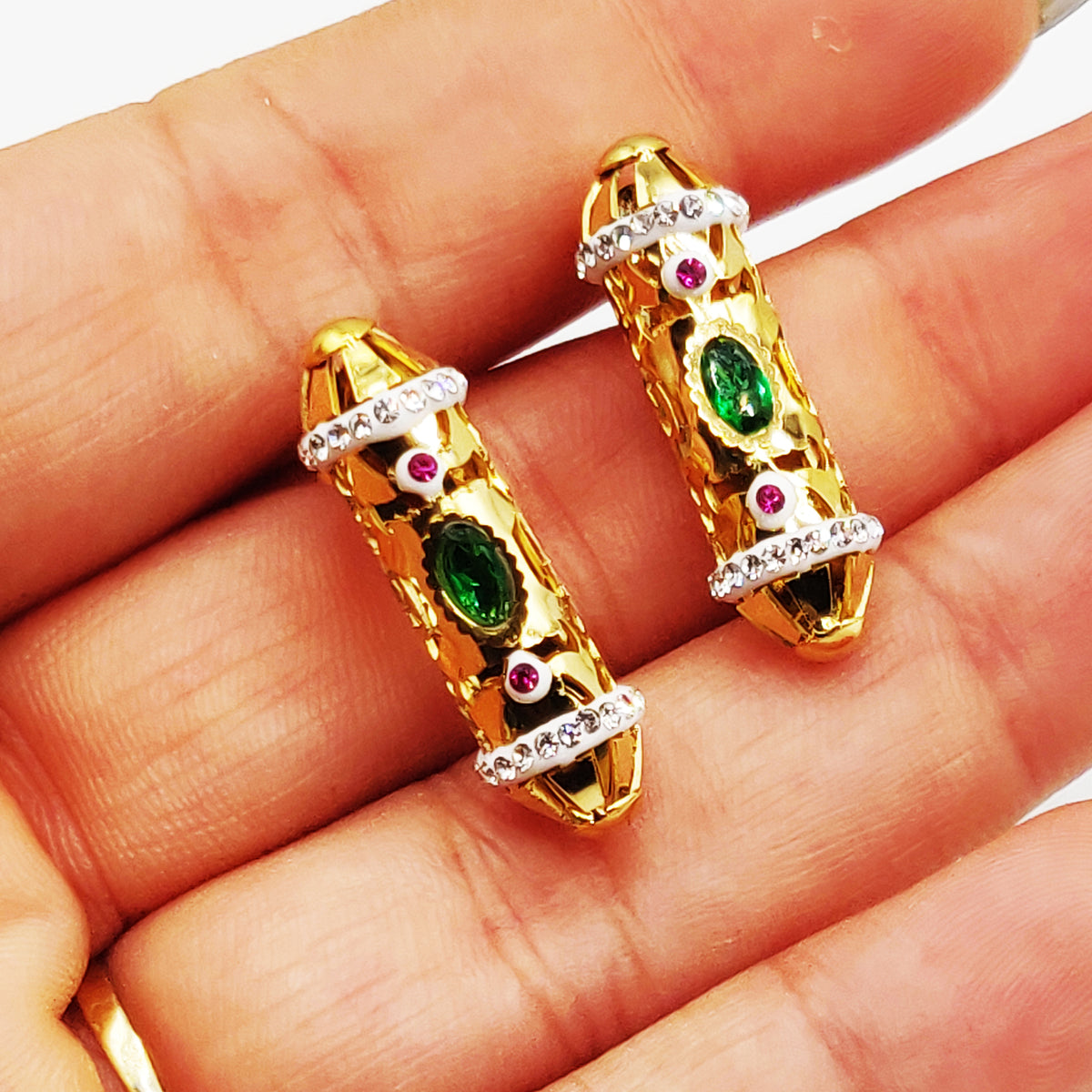 Boucles d'oreilles Pendentif Oriental Cristaux Verts et Rouges Luxe