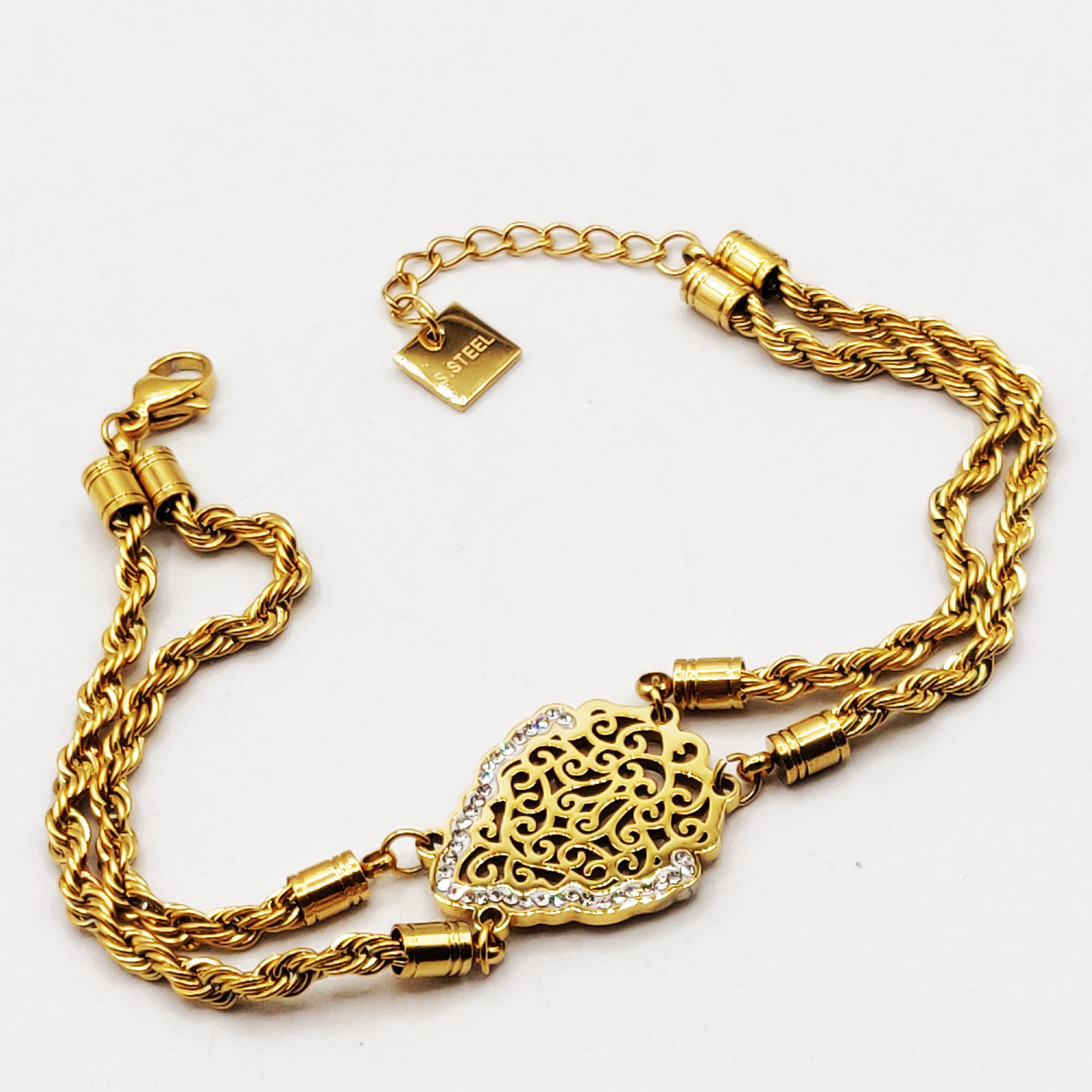 Bracelet Torsade Multi Lignes Motif Oriental Cristaux Pendentifs Descendant Luxe