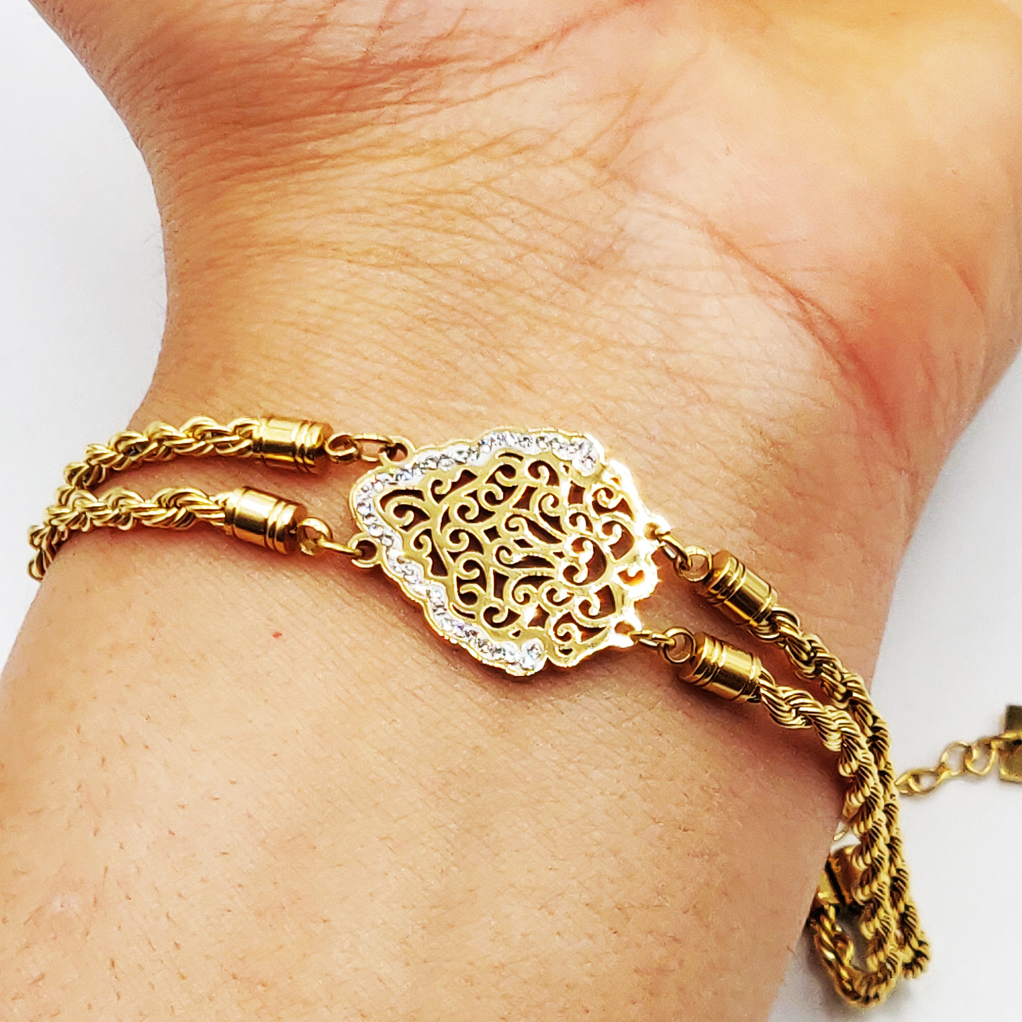 Bracelet Torsade Multi Lignes Motif Oriental Cristaux Pendentifs Descendant Luxe