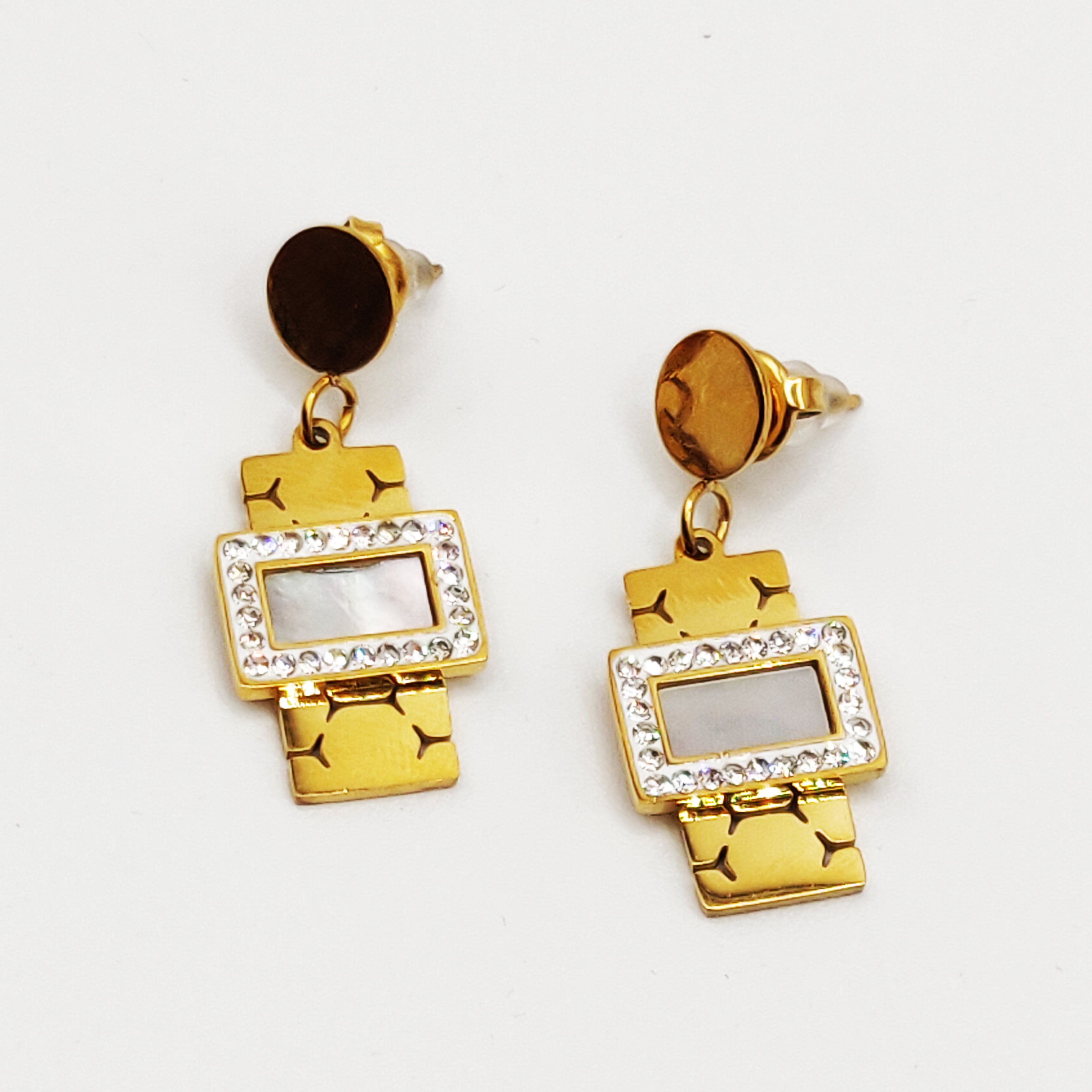 Boucles d'oreilles Tresse Resserrée Rectangle Blanc Nacré Tour Cristaux Luxe