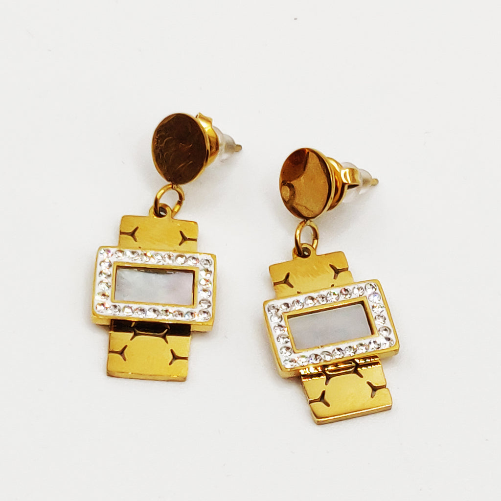 Boucles d'oreilles Tresse Resserrée Rectangle Blanc Nacré Tour Cristaux Luxe