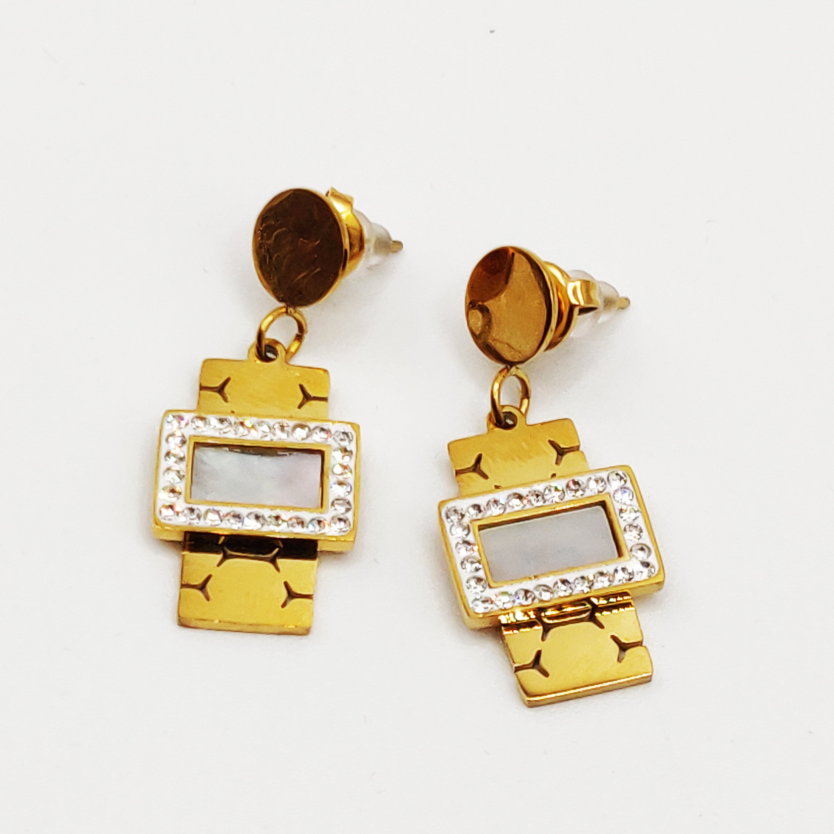Boucles d'oreilles Tresse Resserrée Rectangle Blanc Nacré Tour Cristaux Luxe