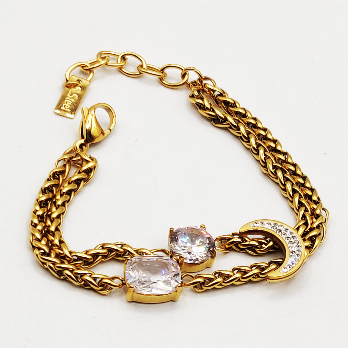 Bracelet Torsade Lune Cristaux Double Pendentifs Cristaux Luxe