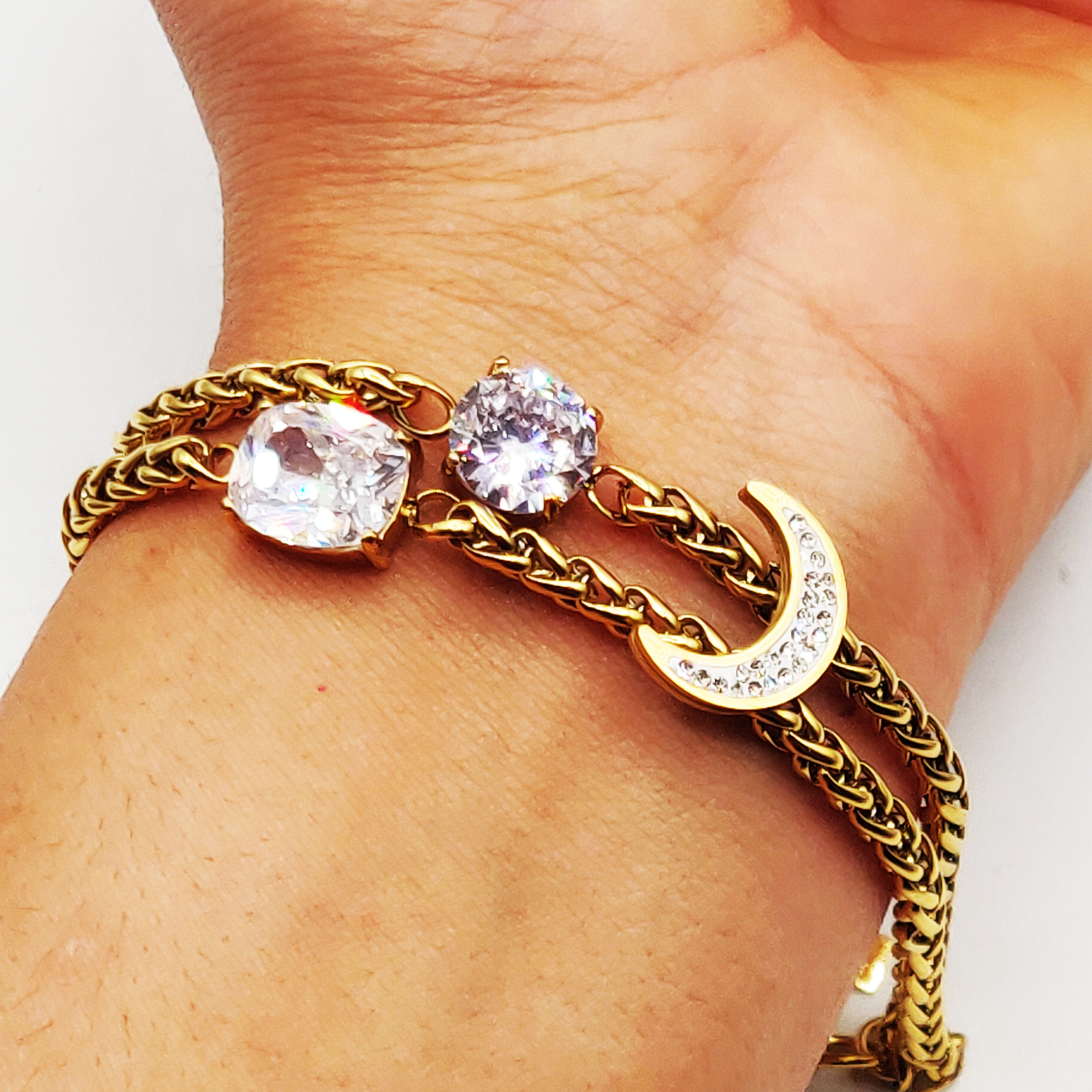 Bracelet Torsade Lune Cristaux Double Pendentifs Cristaux Luxe