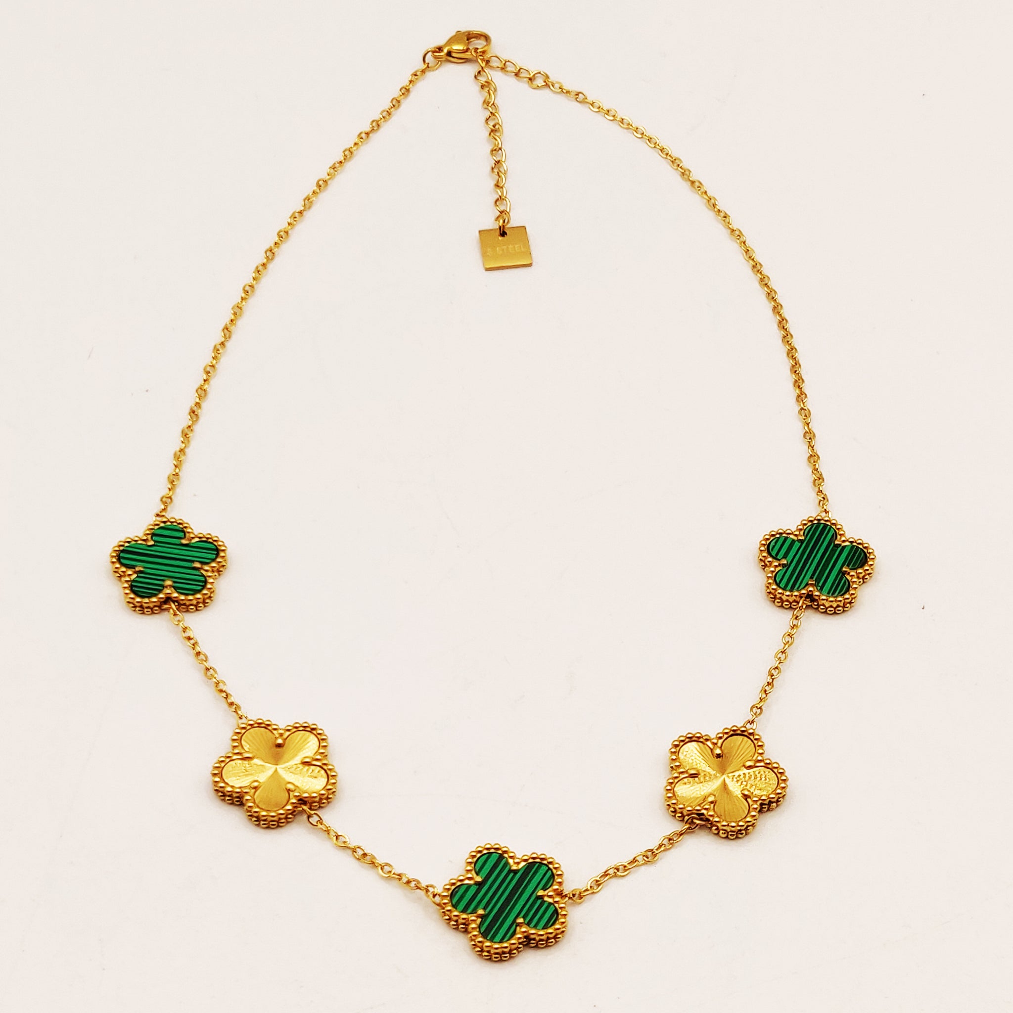 Collier Marguerites Dorées et Vertes Tour Perles d'imitation Luxe