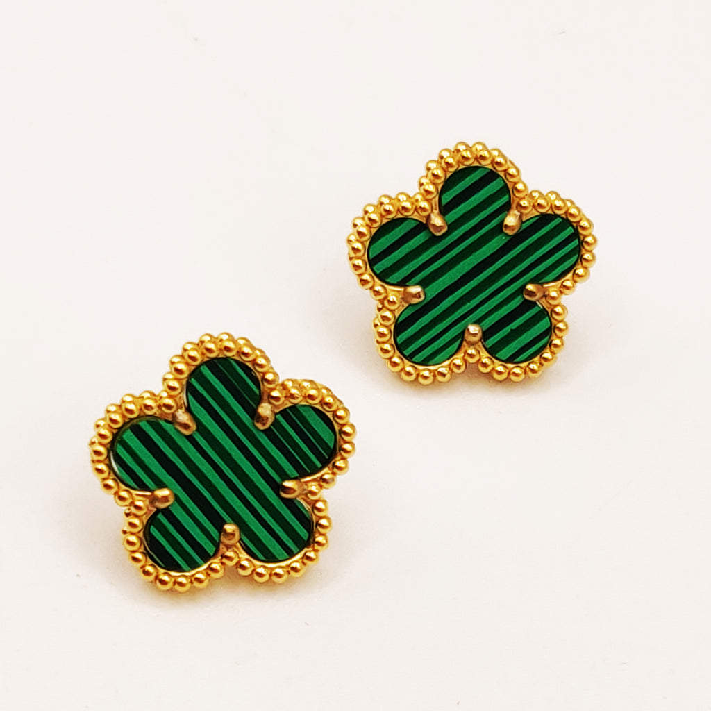 Boucles d'oreilles Marguerites Dorées et Vertes Tour Perles d'imitation Luxe
