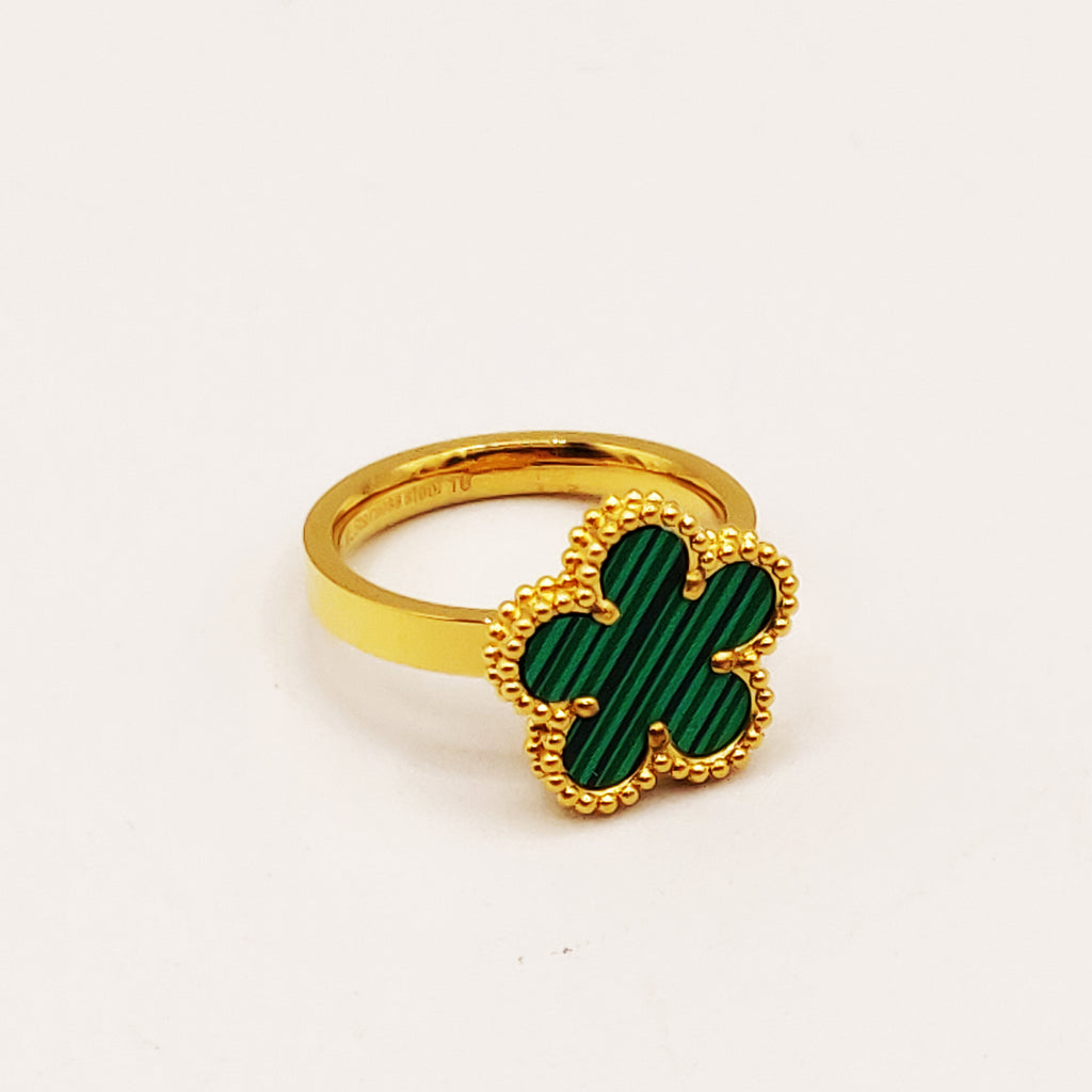 Bague Marguerites Dorées et Vertes Tour Perles d'imitation Luxe