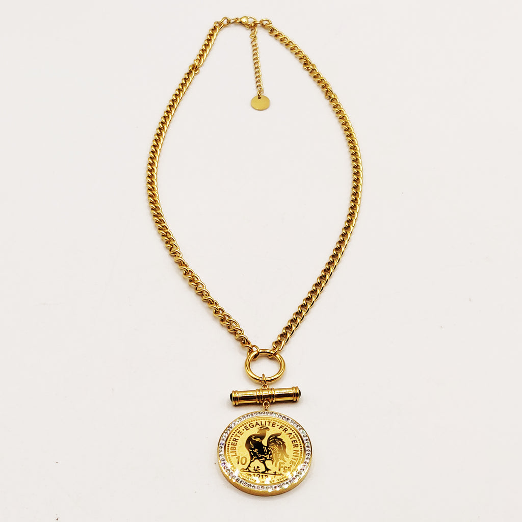 Collier Tresse Grand Pendentif Louise Coq Luxe et Pierres Vertes