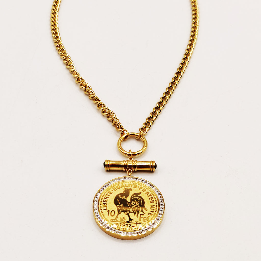 Collier Tresse Grand Pendentif Louise Coq Luxe et Pierres Vertes
