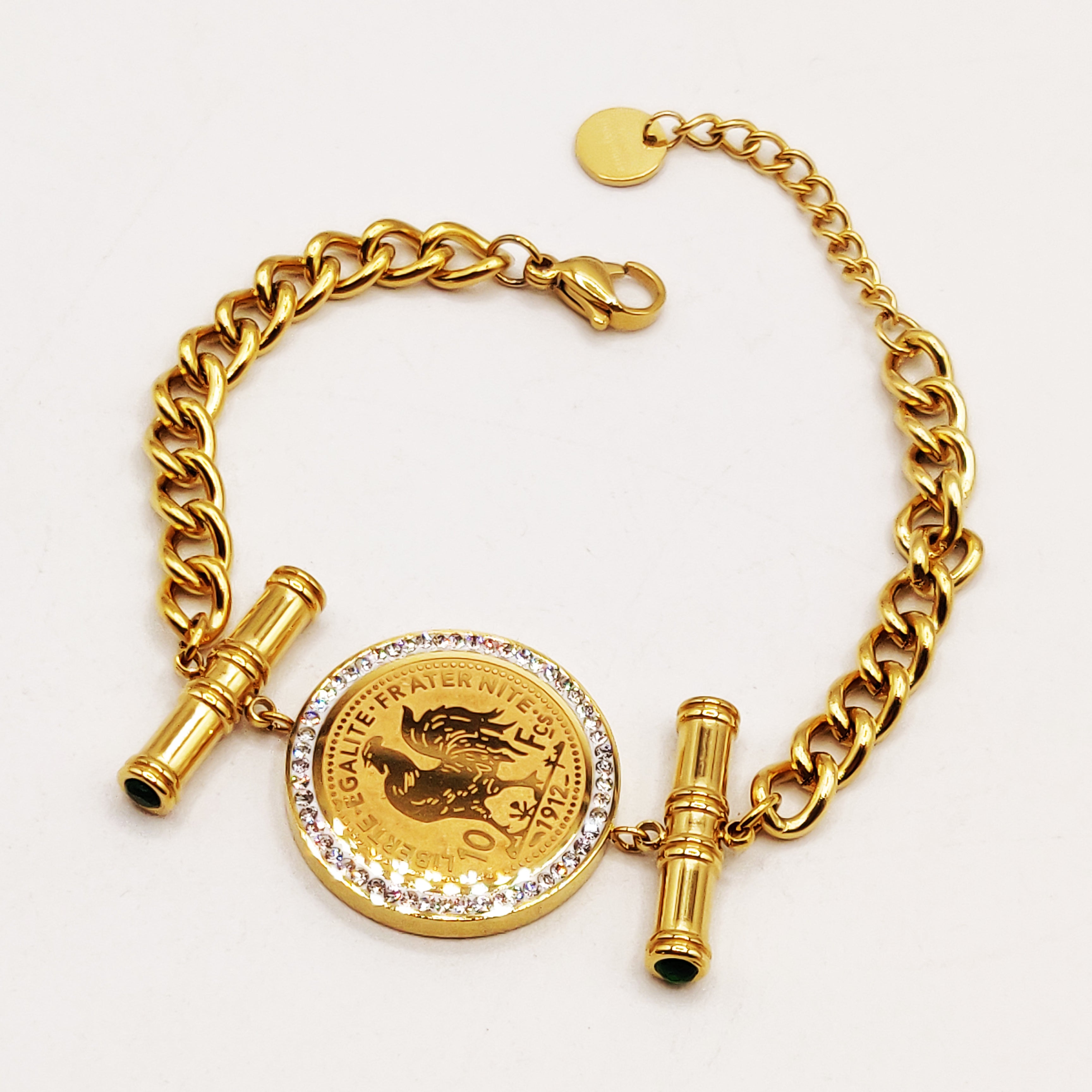 Bracelet Tresse Grand Pendentif Louise Coq Luxe et Pierres Vertes