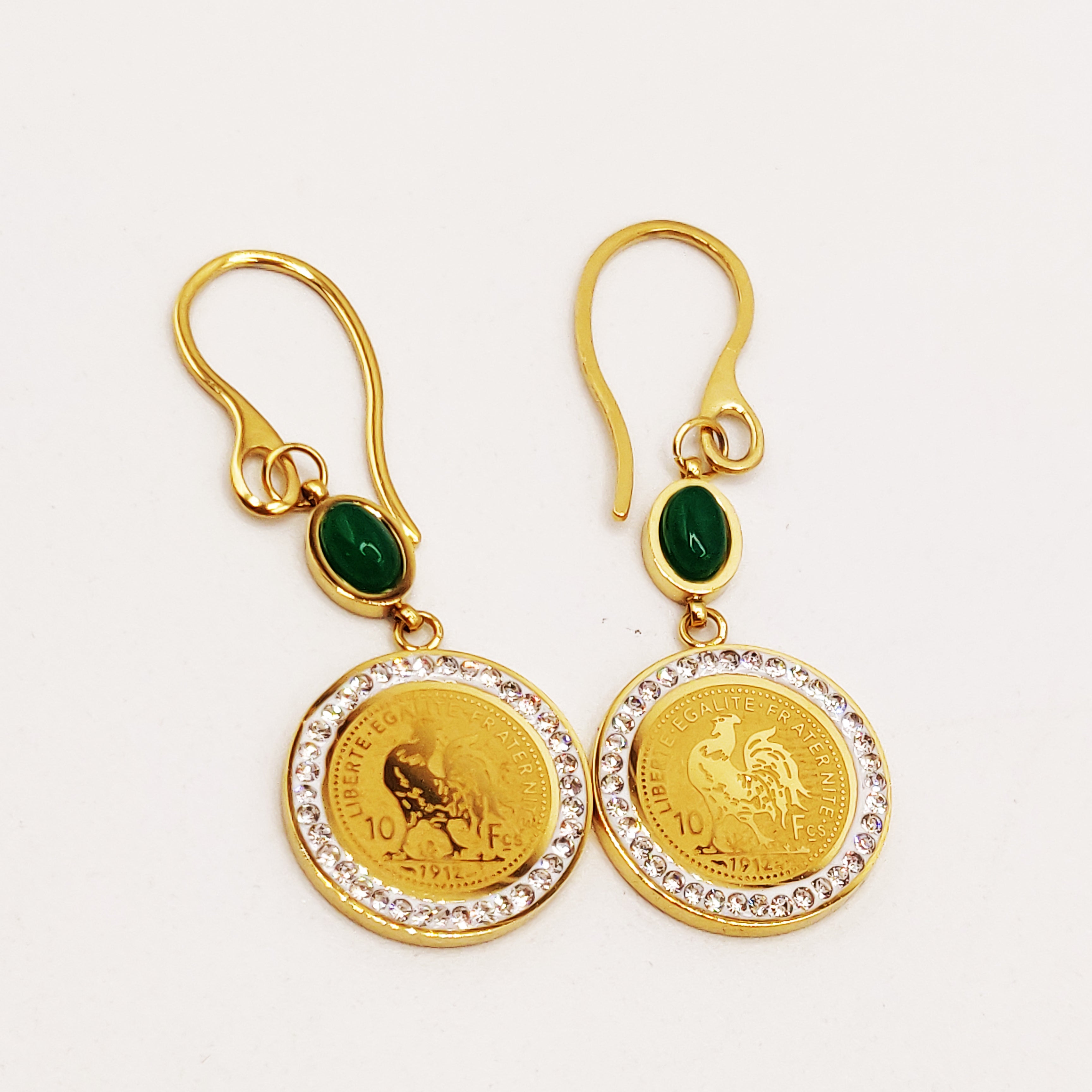 Boucles d'oreilles Tresse Grand Pendentif Louise Coq Luxe et Pierres Vertes