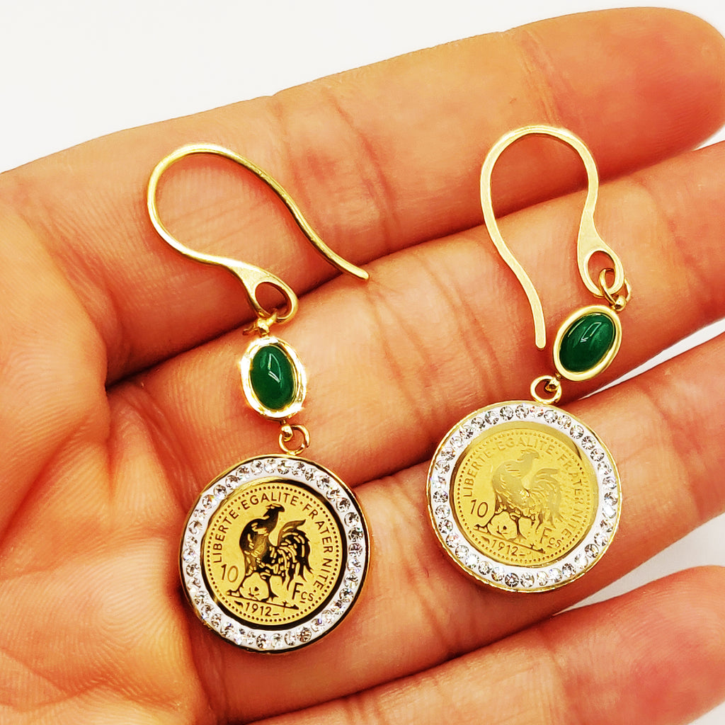 Boucles d'oreilles Tresse Grand Pendentif Louise Coq Luxe et Pierres Vertes