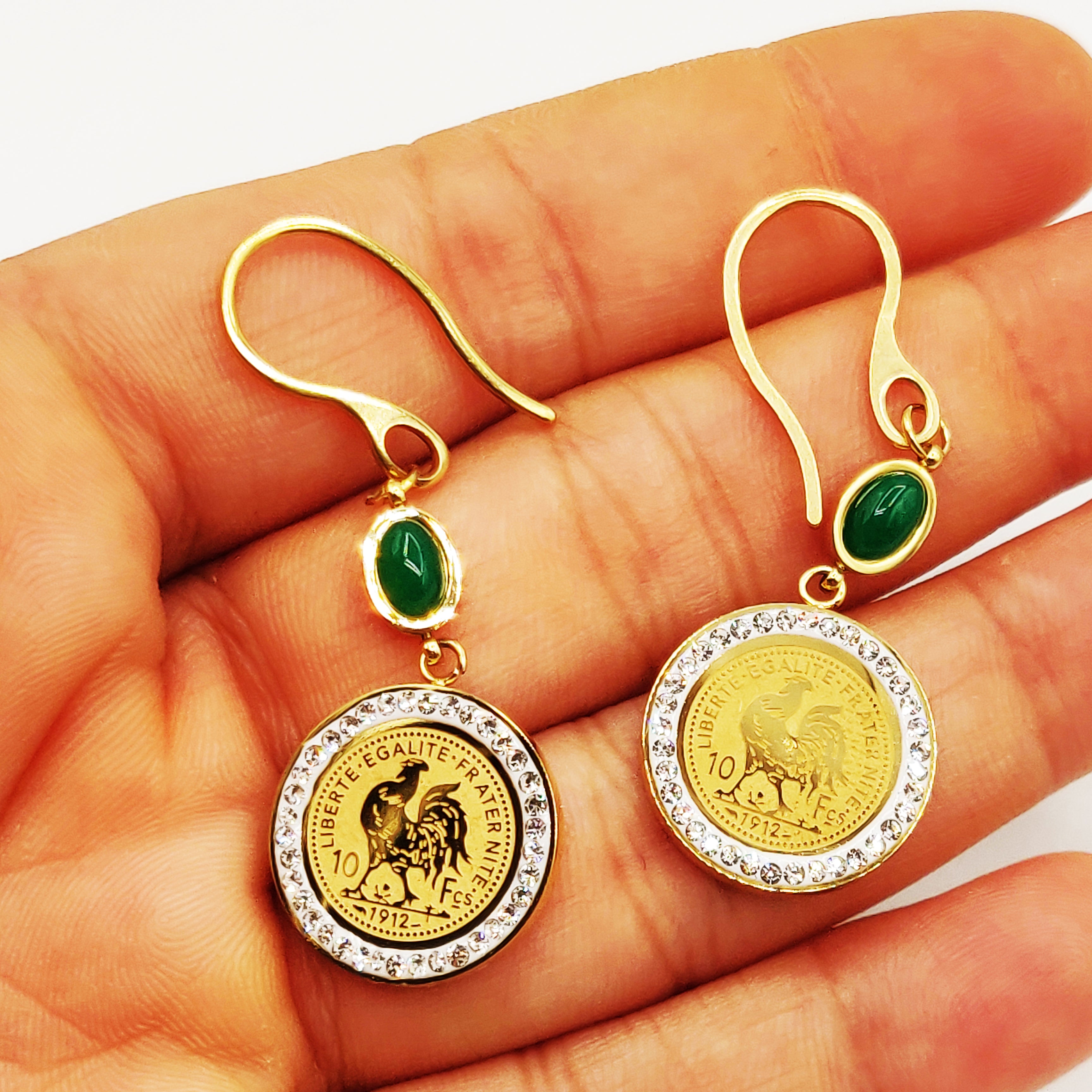Boucles d'oreilles Tresse Grand Pendentif Louise Coq Luxe et Pierres Vertes