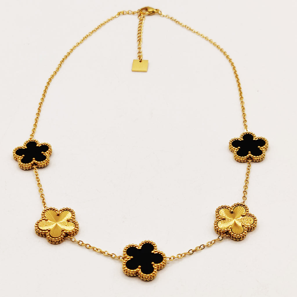 Collier Marguerites Dorées et Noires Tour Perles d'imitation Luxe