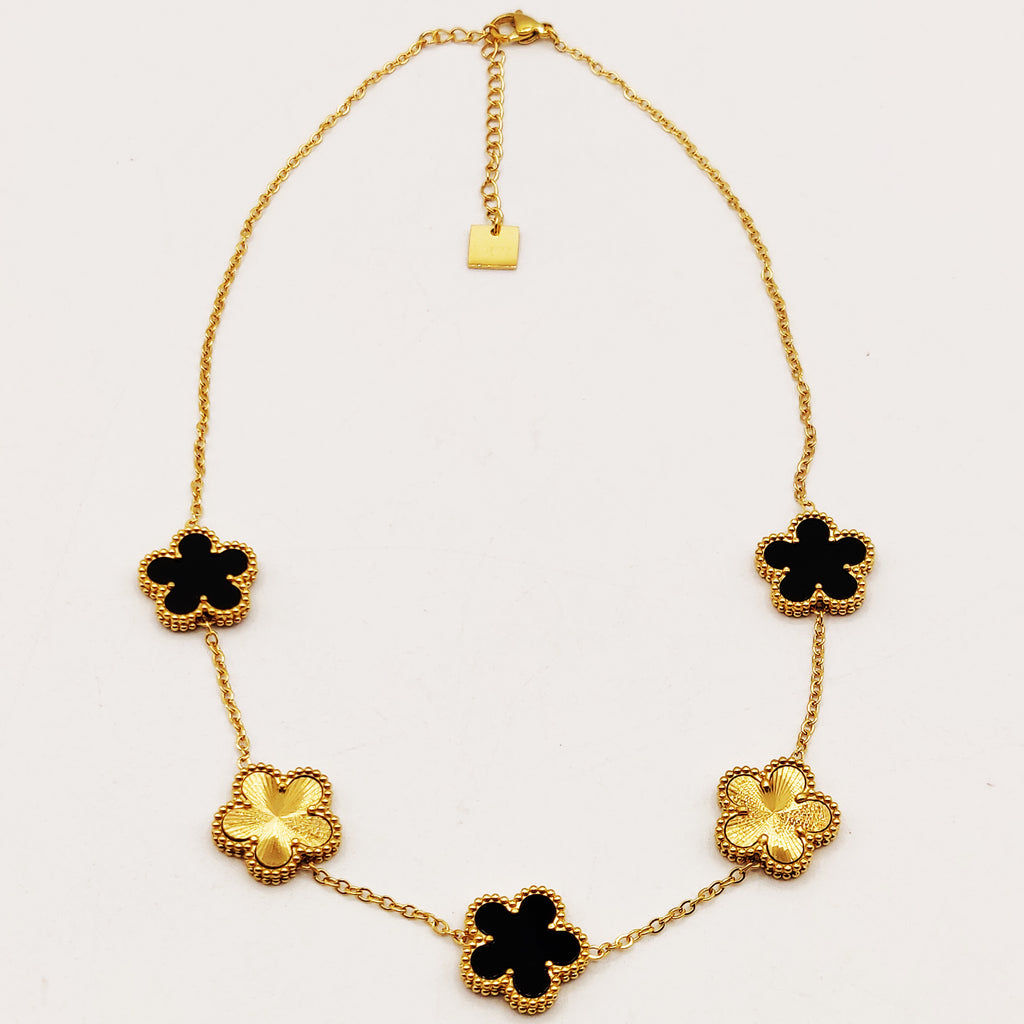 Collier Marguerites Dorées et Noires Tour Perles d'imitation Luxe