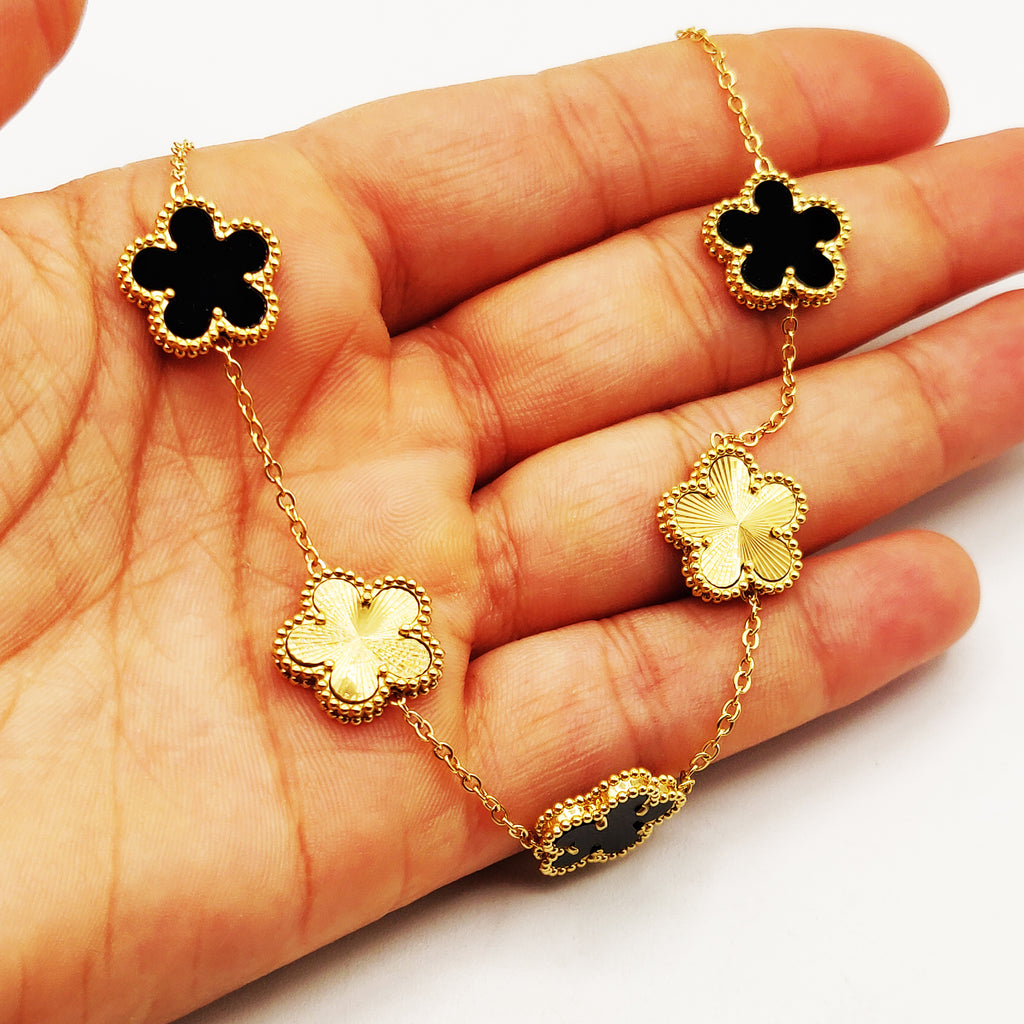 Collier Marguerites Dorées et Noires Tour Perles d'imitation Luxe