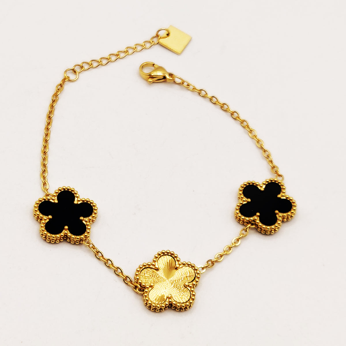 Bracelet Marguerites Dorées et Noires Tour Perles d'imitation Luxe