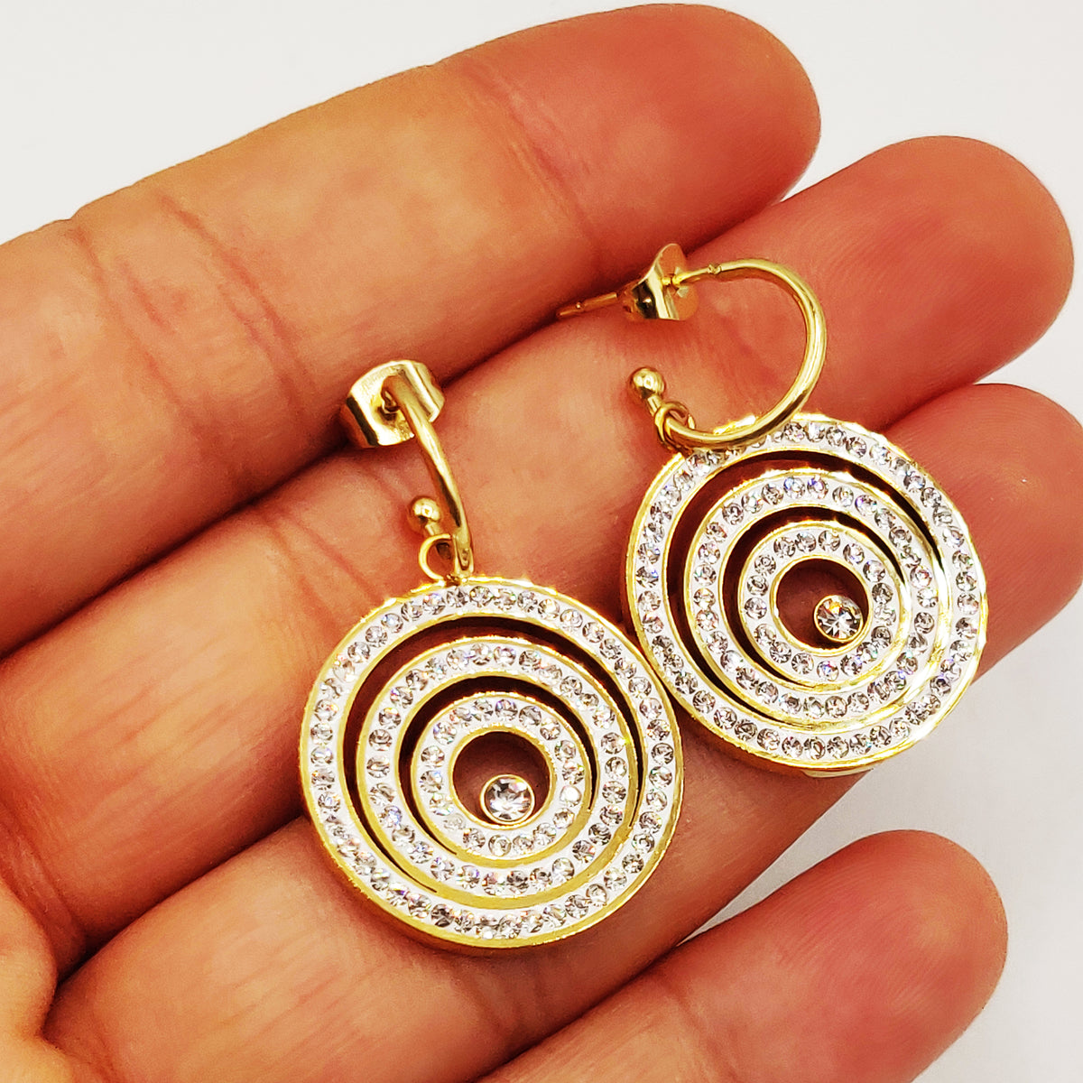 Boucles D'oreilles Créoles Triple Anneaux Scintillants - Plaqué Or 18 Carats, 2cm, Neuves