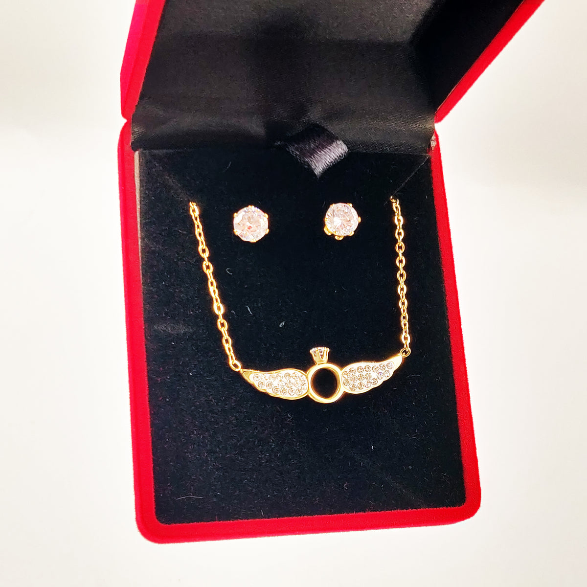 Coffret Collier et Boucles d'oreilles Anneau Ange Cristaux