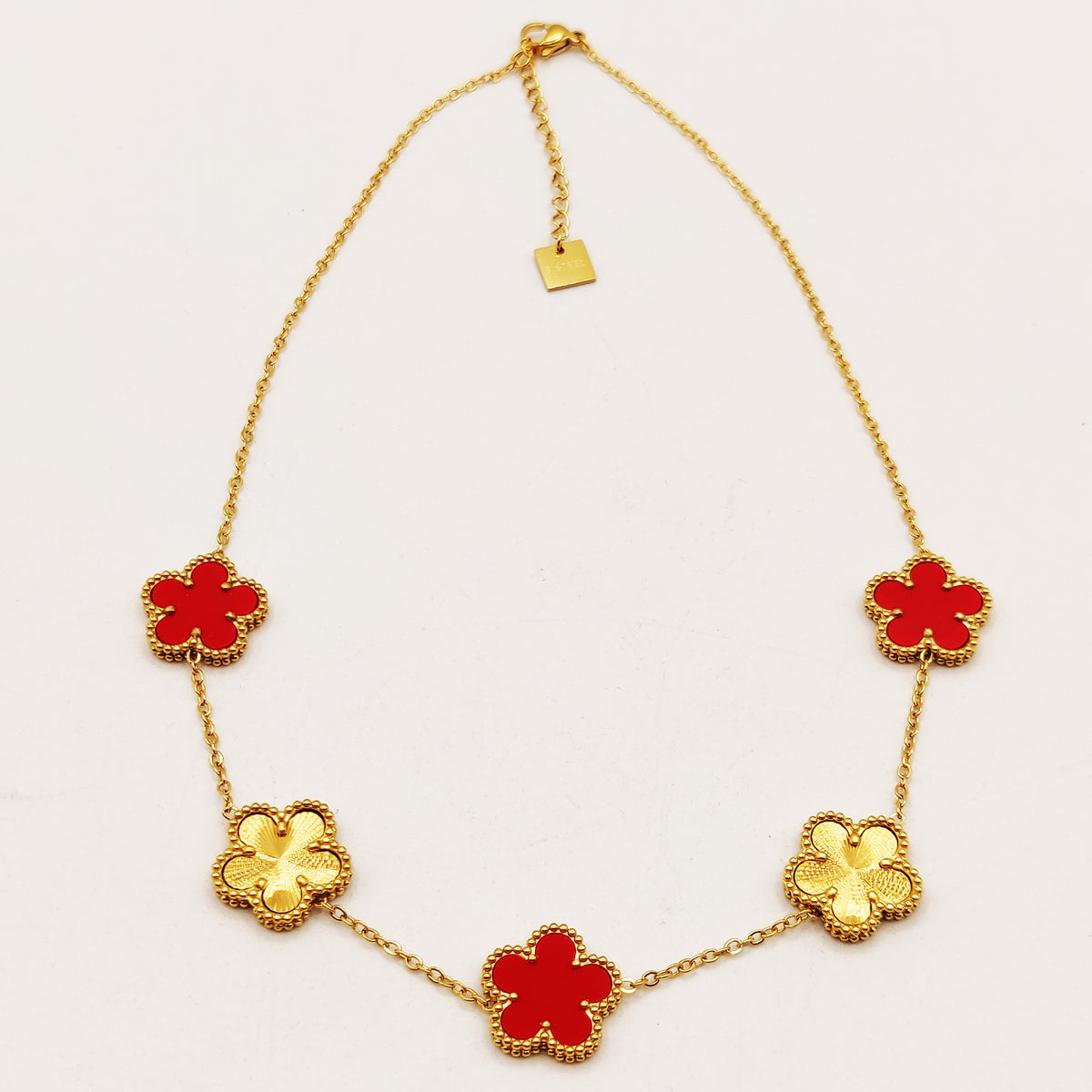 Collier Marguerites Dorées et Rouges Tour Perles d'imitation Luxe