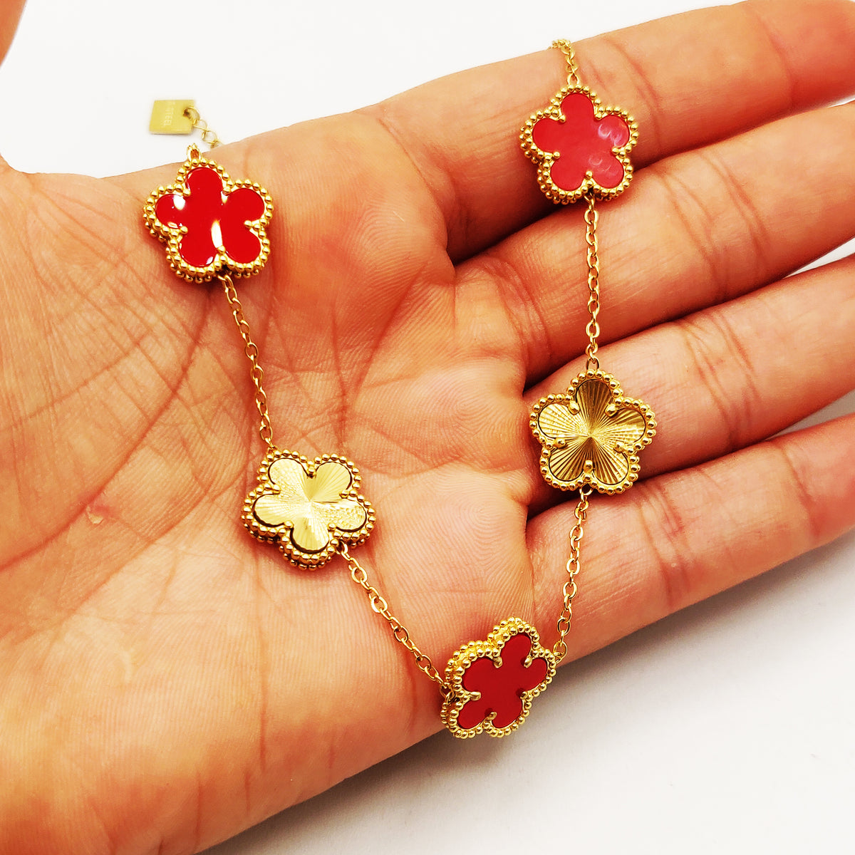 Collier Marguerites Dorées et Rouges Tour Perles d'imitation Luxe