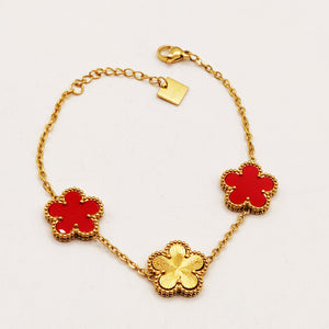Bracelet Marguerites Dorées et Rouges Tour Perles d'imitation Luxe