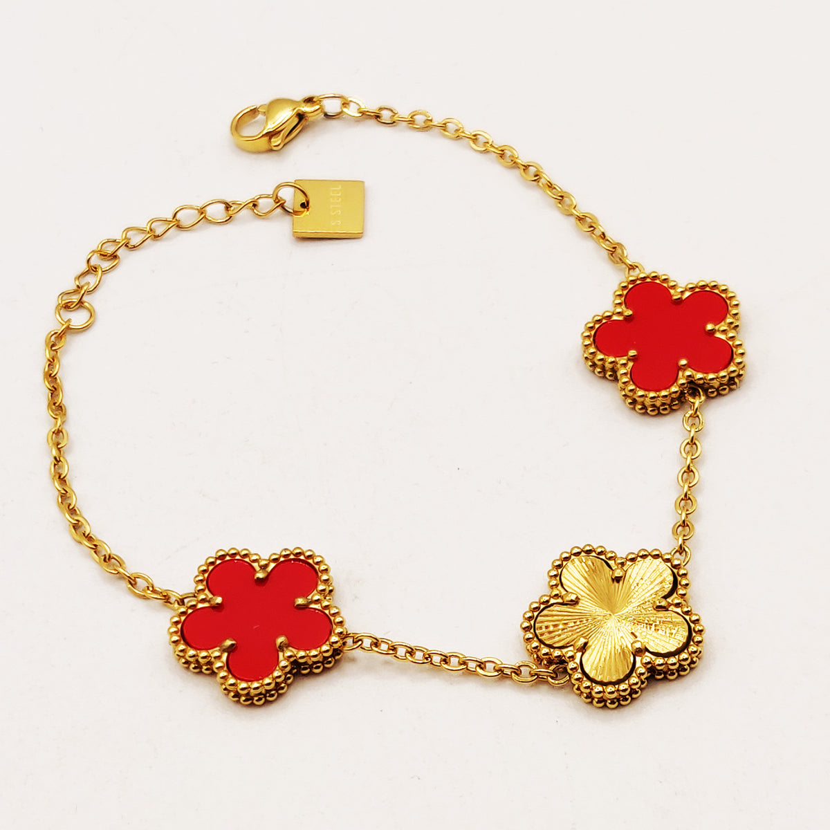 Bracelet Marguerites Dorées et Rouges Tour Perles d'imitation Luxe