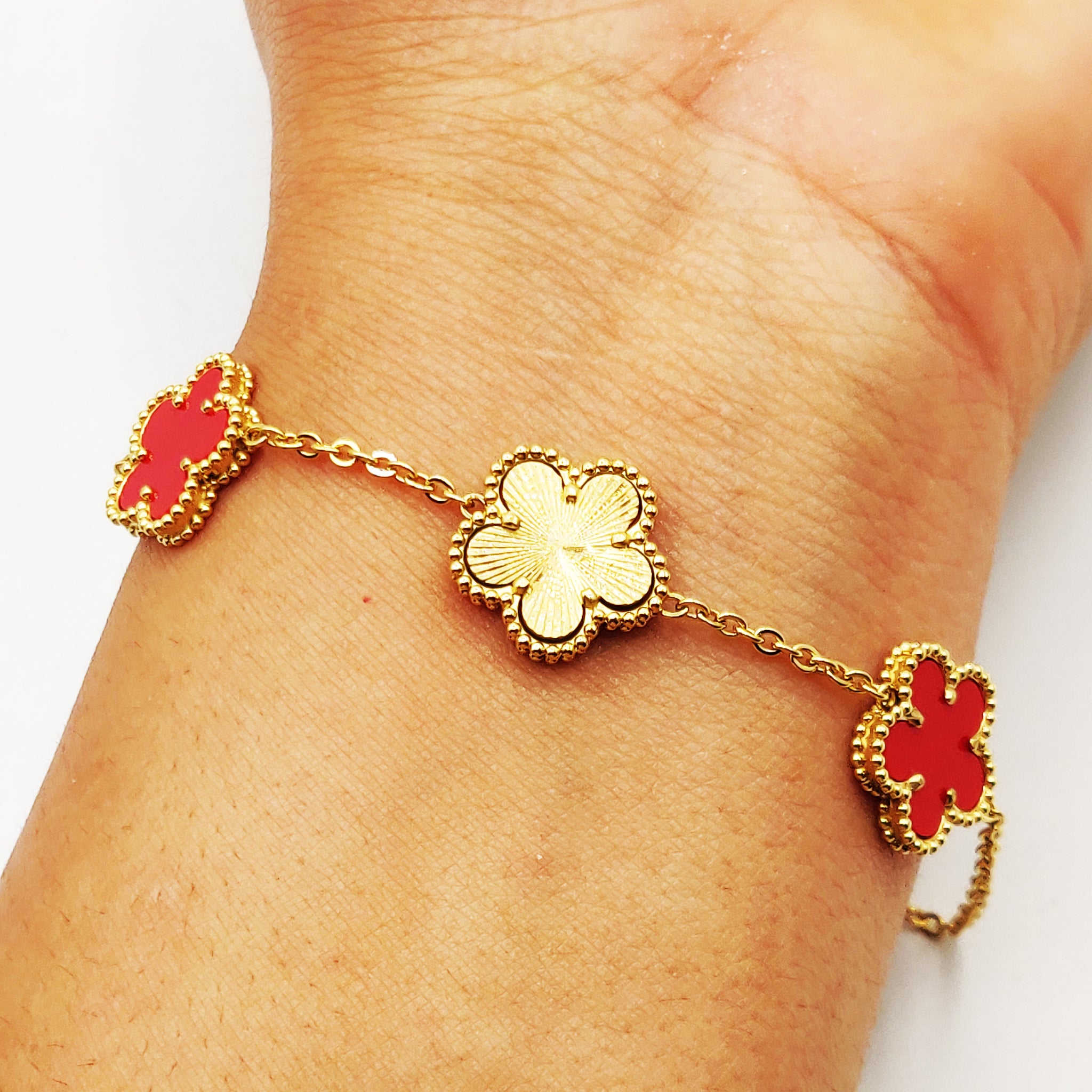 Bracelet Marguerites Dorées et Rouges Tour Perles d'imitation Luxe