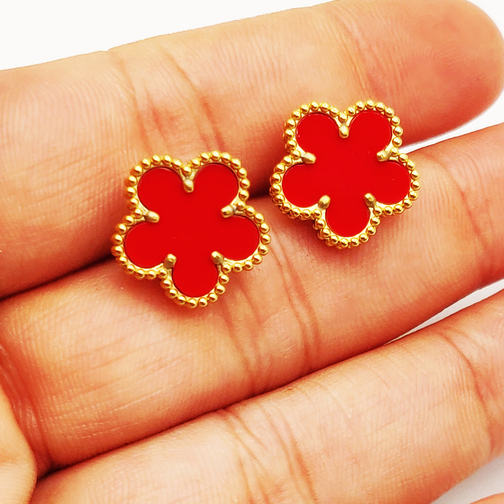 Boucles d'oreilles Marguerites Dorées et Rouges Tour Perles d'imitation Luxe