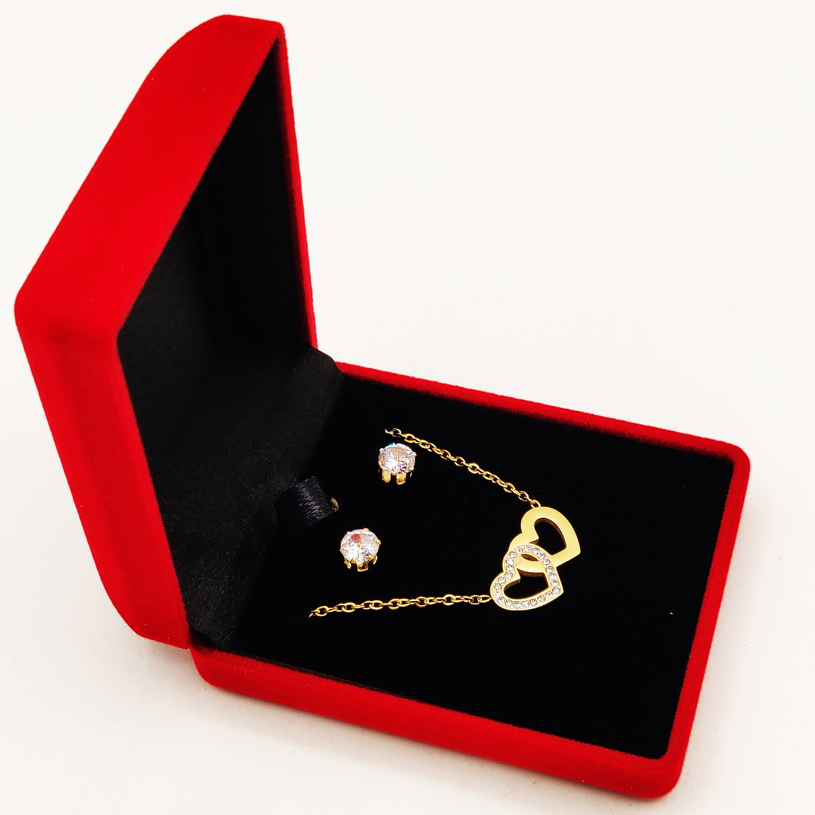 Coffret Collier et Boucles d'oreilles Double Coeurs Croisés